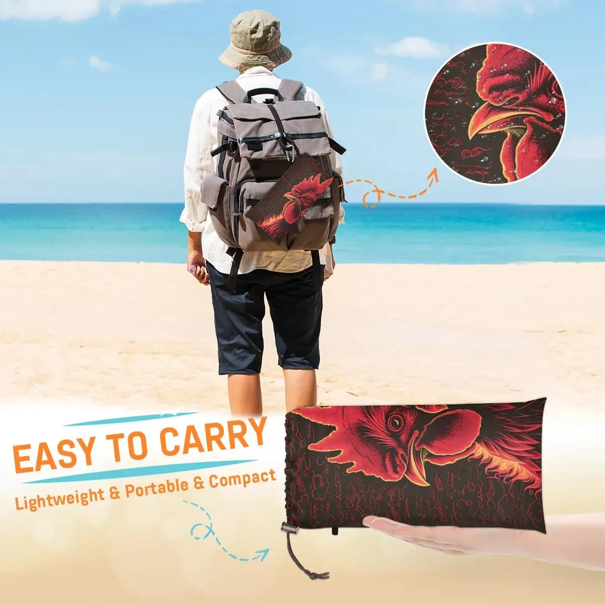 Farm Rooster Beach Blanket, Sandproof Beach Mat, 68 x 59 Waterproof Quick Drying Sand Free Mat with 4 x Ground Spikes for Outdoor Travel Camping Hiking, Vintage Rooster