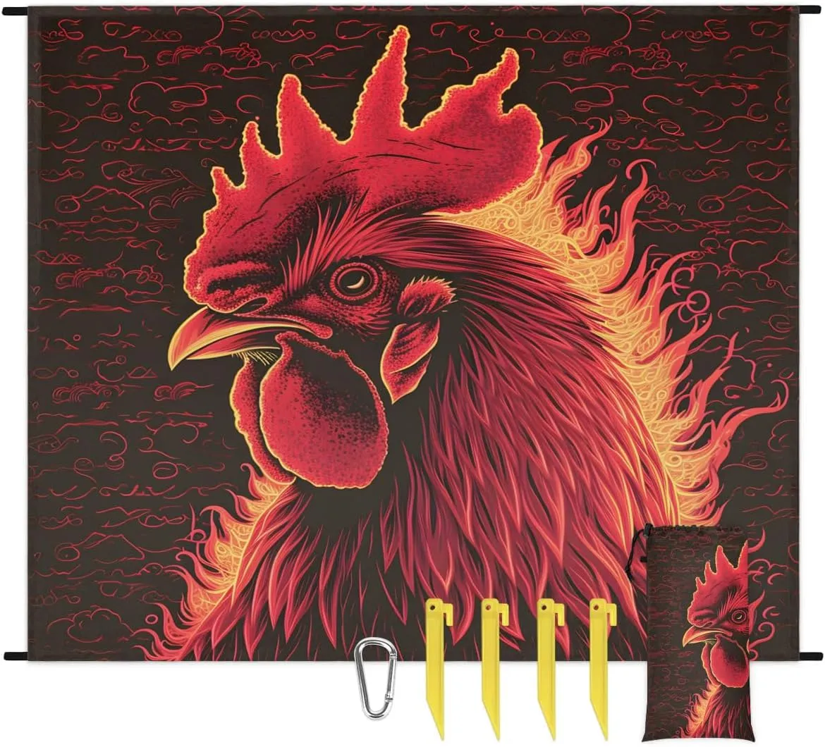Farm Rooster Beach Blanket, Sandproof Beach Mat, 68 x 59 Waterproof Quick Drying Sand Free Mat with 4 x Ground Spikes for Outdoor Travel Camping Hiking, Vintage Rooster
