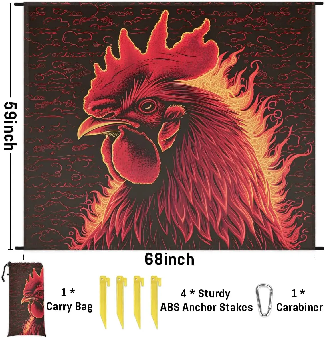 Farm Rooster Beach Blanket, Sandproof Beach Mat, 68 x 59 Waterproof Quick Drying Sand Free Mat with 4 x Ground Spikes for Outdoor Travel Camping Hiking, Vintage Rooster