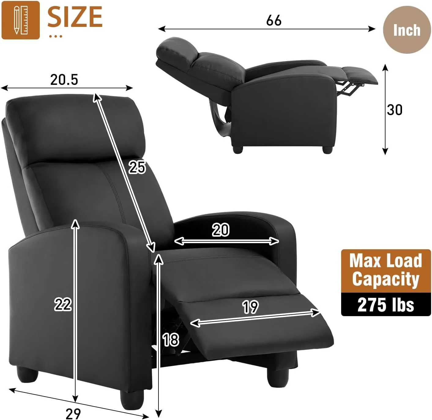 FDW Recliner Chair Push Back Sofa Home Theater Seating with Lumbar Support and Leather Padded Seat Backrest for Living Room