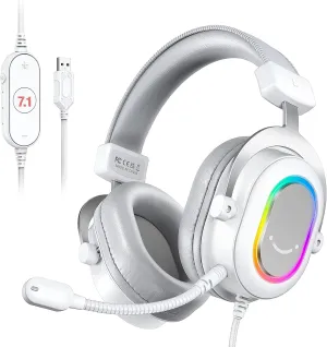 FIFINE USB Gaming Headset, PC Headphones Wired with Microphone for Computer/Laptop, Over-Ear RGB Headset with 7.1 Surround Sound, Noise Cancellation for Streaming Video Game- AmpliGame H6 (White)