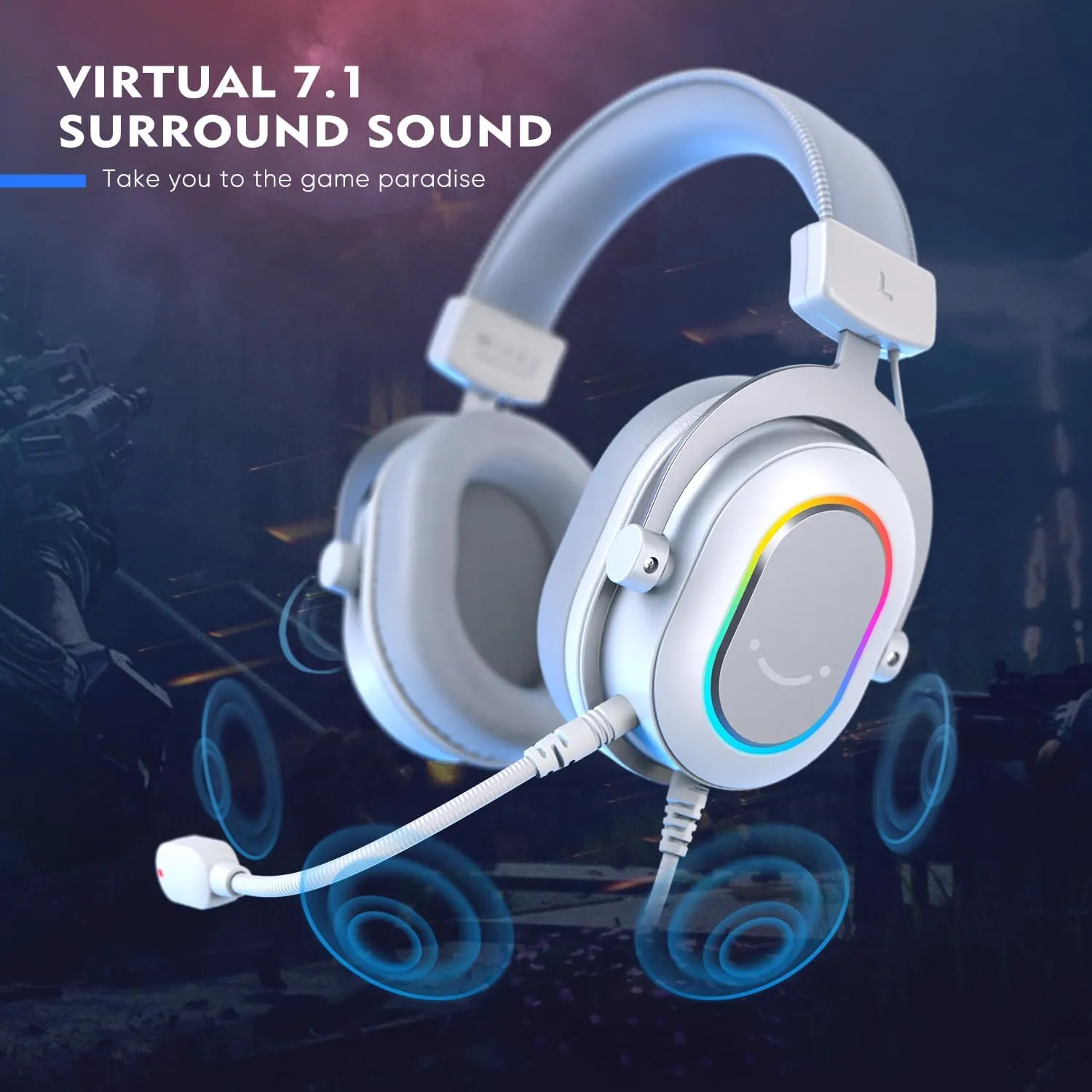 FIFINE USB Gaming Headset, PC Headphones Wired with Microphone for Computer/Laptop, Over-Ear RGB Headset with 7.1 Surround Sound, Noise Cancellation for Streaming Video Game- AmpliGame H6 (White)
