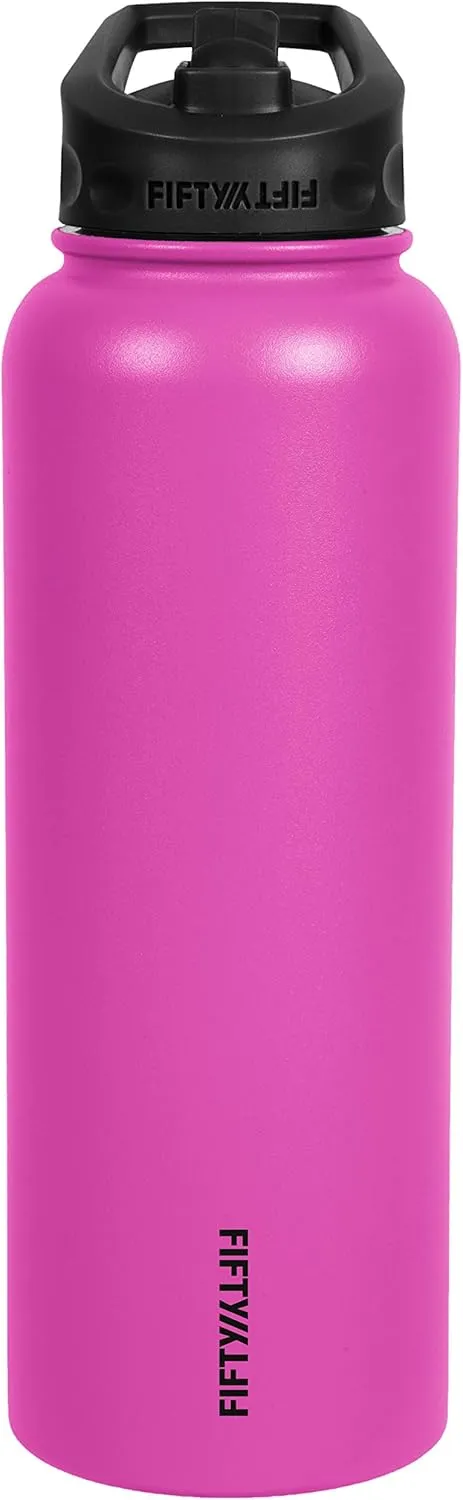 Fifty/Fifty 40oz, Double Wall Vacuum Insulated Sport Water Bottle, Stainless Steel, Straw Cap w/Wide Mouth, Lipstick Pink, 40oz/1.1L
