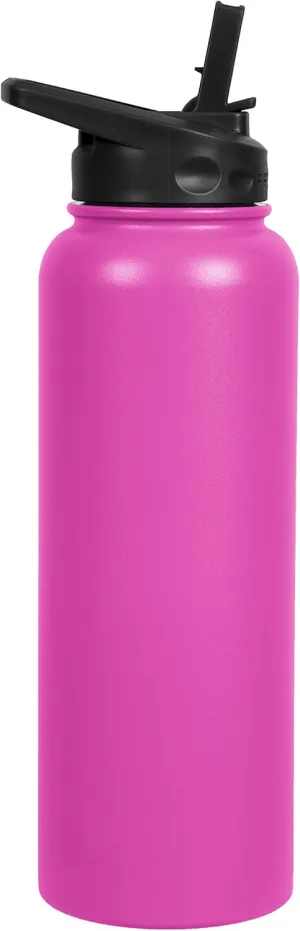 Fifty/Fifty 40oz, Double Wall Vacuum Insulated Sport Water Bottle, Stainless Steel, Straw Cap w/Wide Mouth, Lipstick Pink, 40oz/1.1L