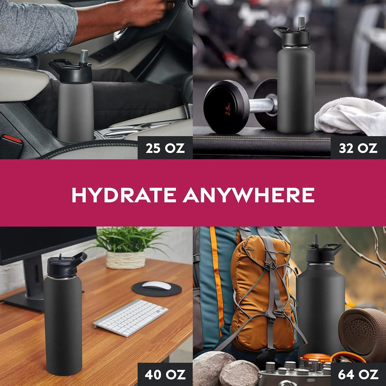 FineDine Insulated Water Bottles with Straw - 64 Oz Stainless Steel Metal Water Bottle W/ 3 Lids - Reusable for Travel, Camping, Bike, Sports - Inky Raven Black
