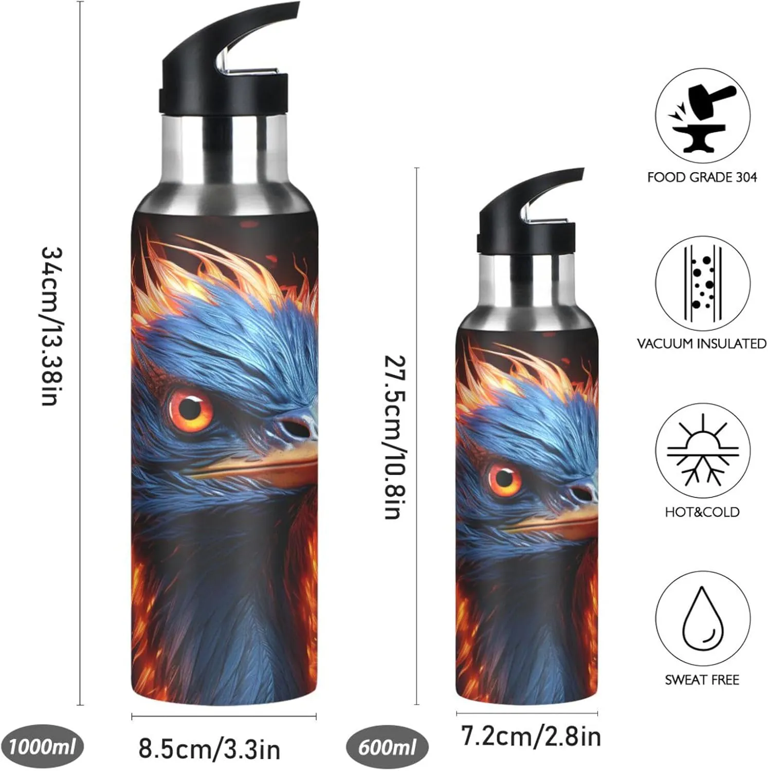 Fired Blue Pelican Sport Water Bottle Insulated Stainless Steel Large Vacuum Flask Leak Proof Thermos with Straw for Travel(600ml/1000ml)