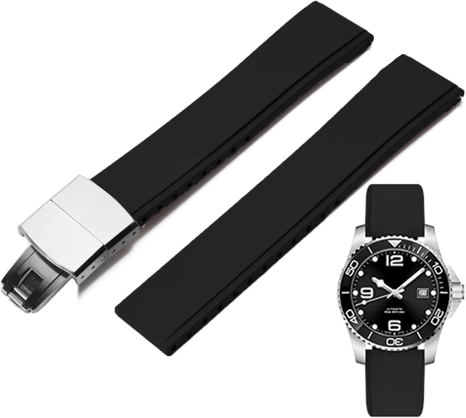FKM Rubber Watch Bands Deployment Clasp Adjustable CTS Fluororubber 19mm 20mm 21mm 22mm Quick Release Soft Durable FKM Rubber Watch Strap Universal Replacement Band Strap for Men Women