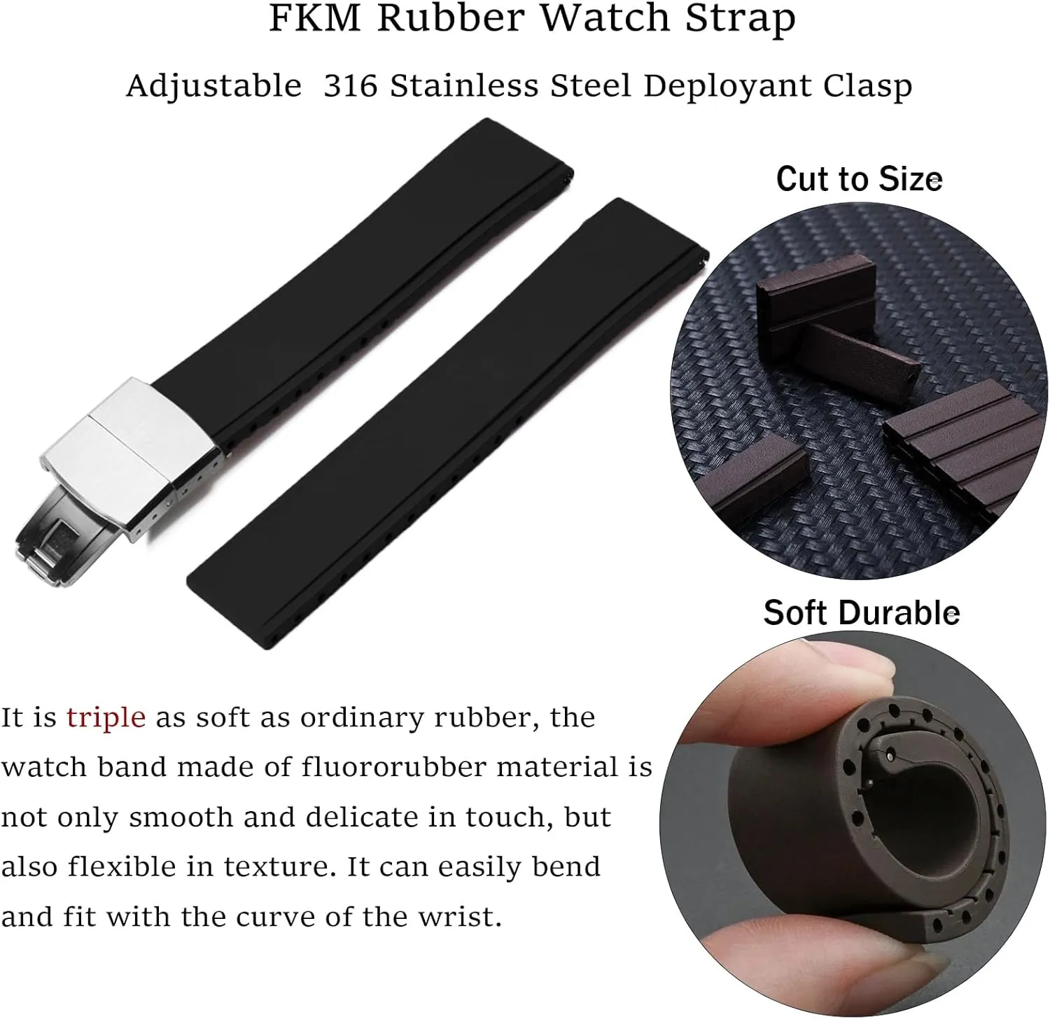 FKM Rubber Watch Bands Deployment Clasp Adjustable CTS Fluororubber 19mm 20mm 21mm 22mm Quick Release Soft Durable FKM Rubber Watch Strap Universal Replacement Band Strap for Men Women