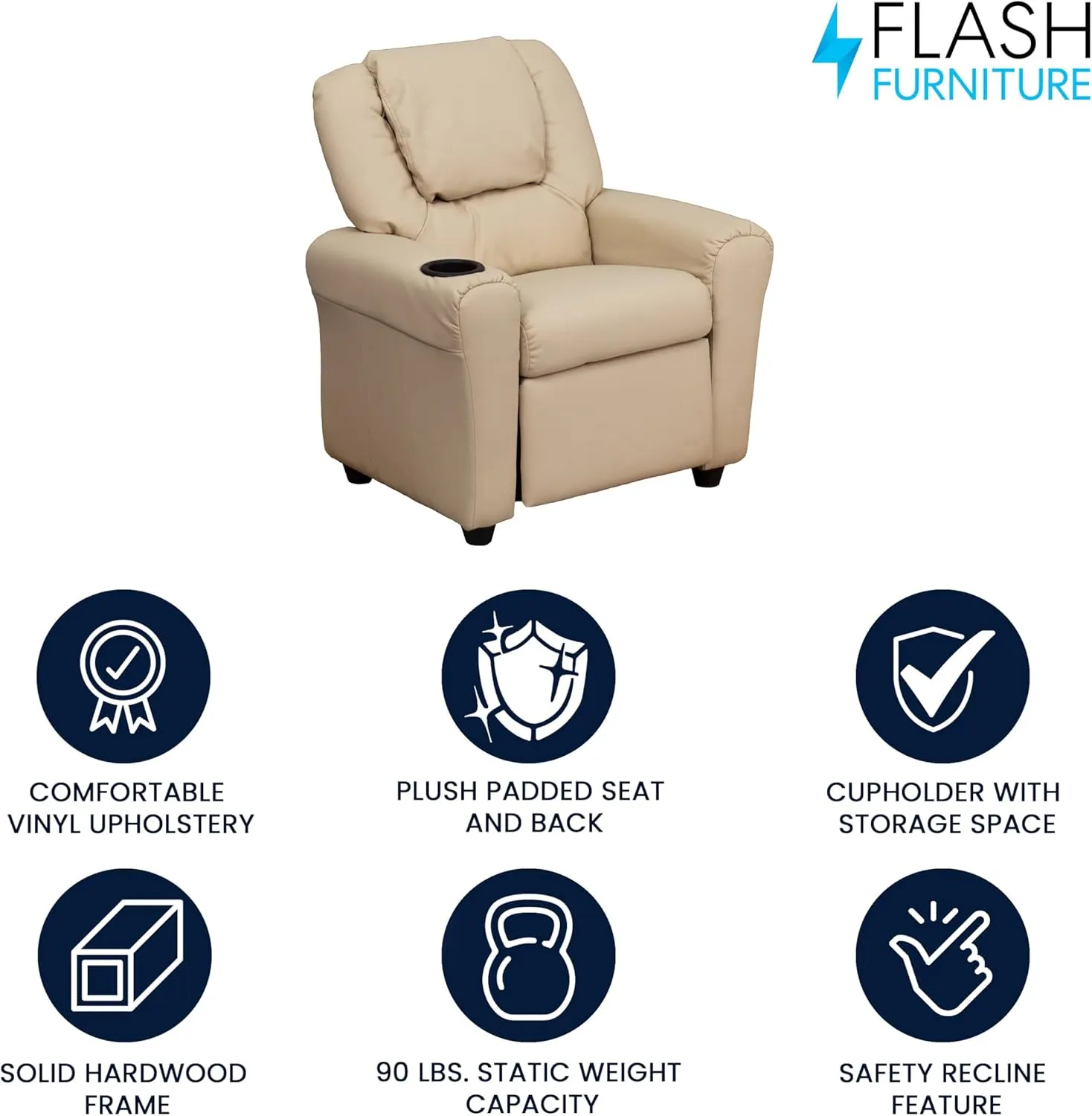 Flash Furniture Vana Vinyl Kids Recliner with Cup Holder, Headrest, and Safety Recline, Contemporary Reclining Chair for Kids, Supports up to 90 lbs., Beige
