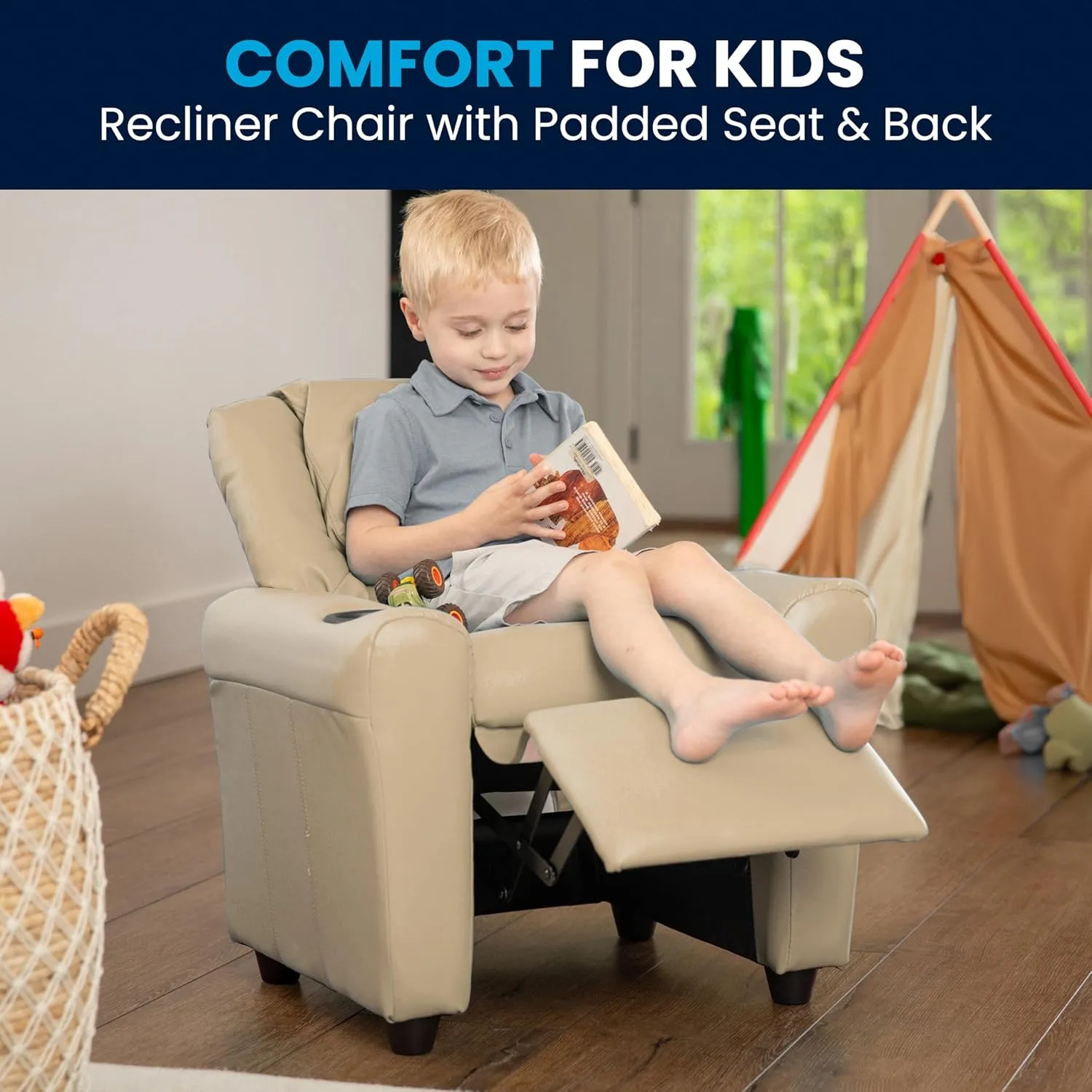 Flash Furniture Vana Vinyl Kids Recliner with Cup Holder, Headrest, and Safety Recline, Contemporary Reclining Chair for Kids, Supports up to 90 lbs., Beige