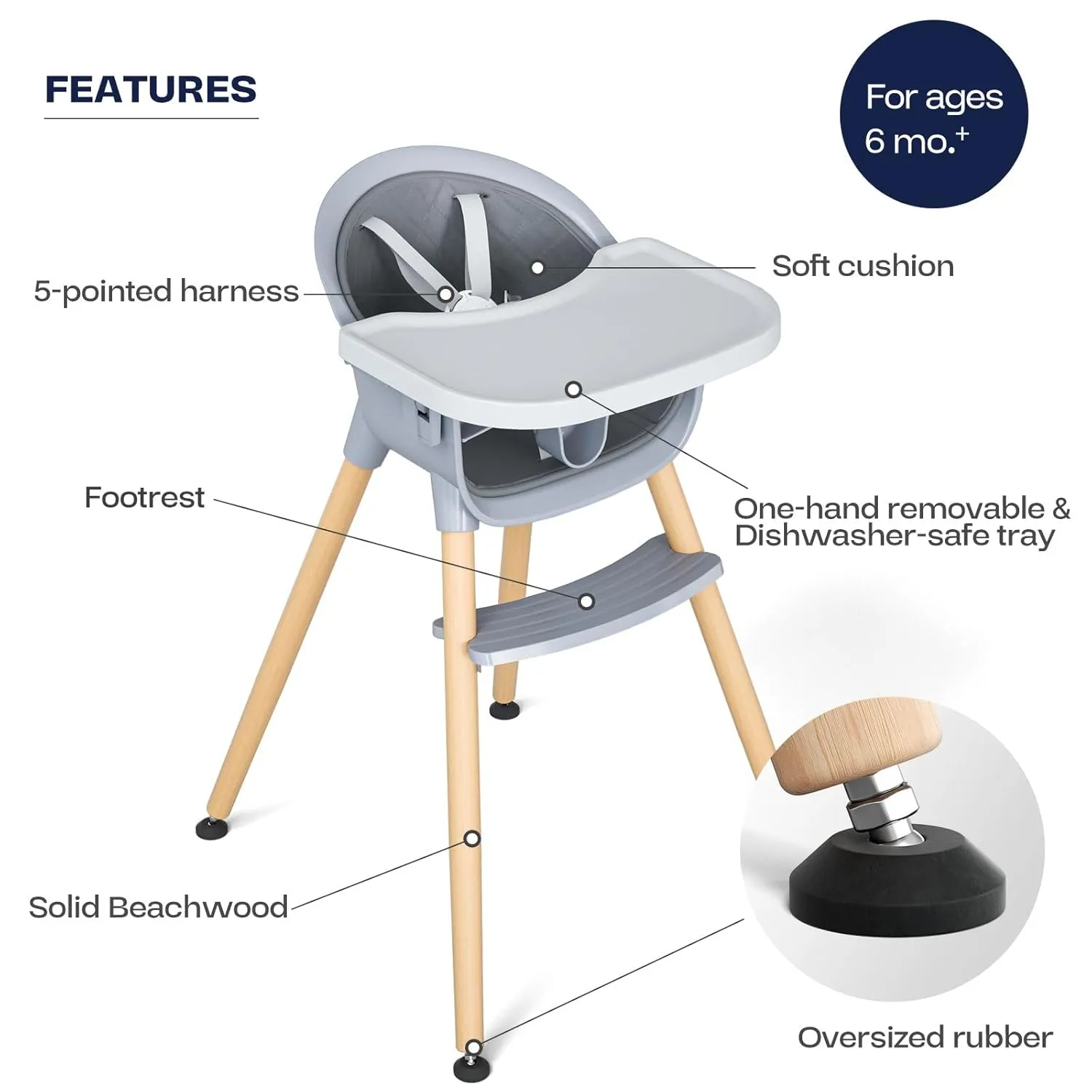 Fodoss Convertible Baby High Chair with Wood Legs and Removable Dishwasher Safe Tray for Boys and Girls，Highchair Toddler with 5 Point Safety Harness