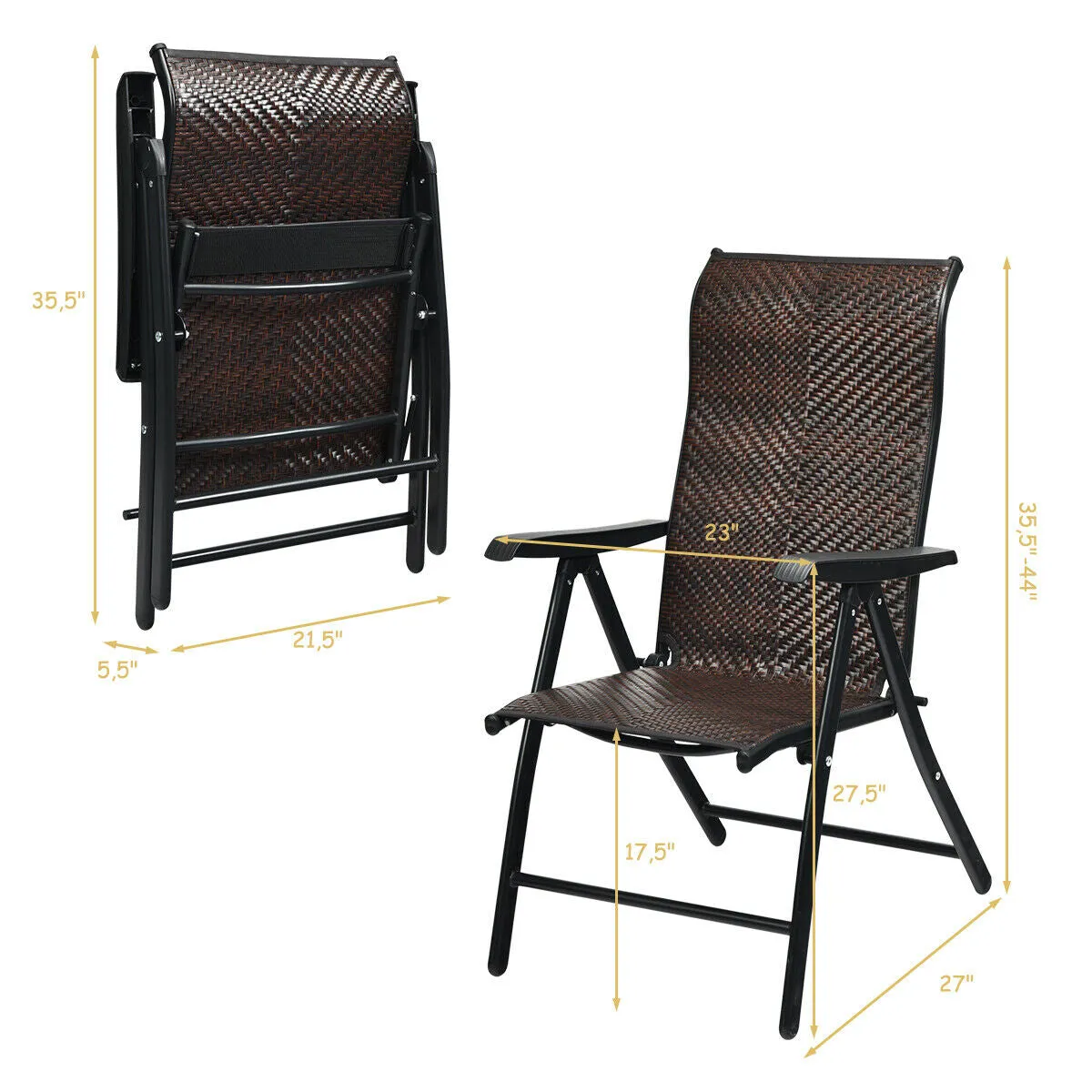 Folding 5-Position Rattan Chair with Armrest and Anti-slip Mat