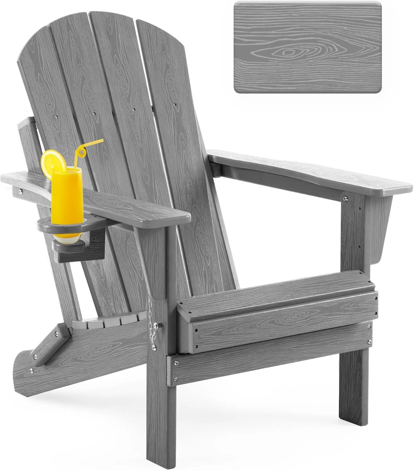 Folding Adirondack Chair Wood Texture, Patio Chairs Weather Resistant, Outdoor Chair, Lawn Chair with Cup Holder, Fire Pit Chair for Deck, Outdoor, Porch, Backyard, Garden (Grey)