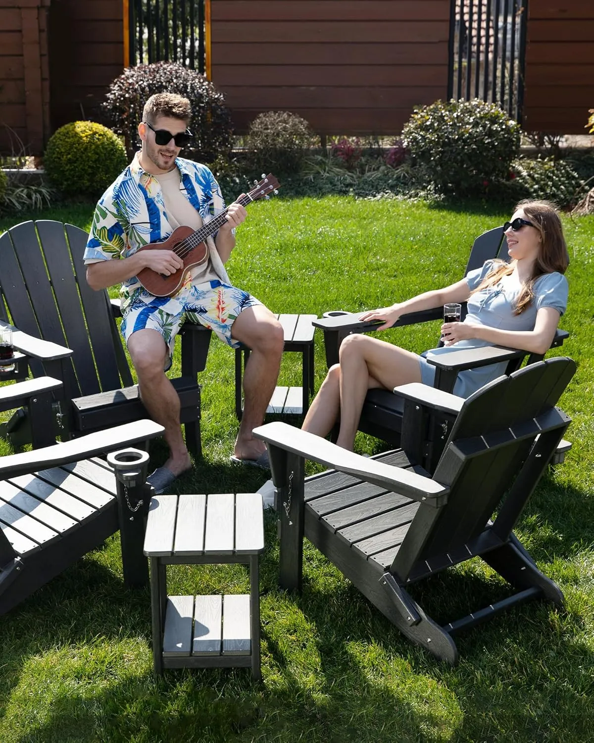Folding Adirondack Chair Wood Texture, Patio Chairs Weather Resistant, Outdoor Chair, Lawn Chair with Cup Holder, Fire Pit Chair for Deck, Outdoor, Porch, Backyard, Garden (Grey)