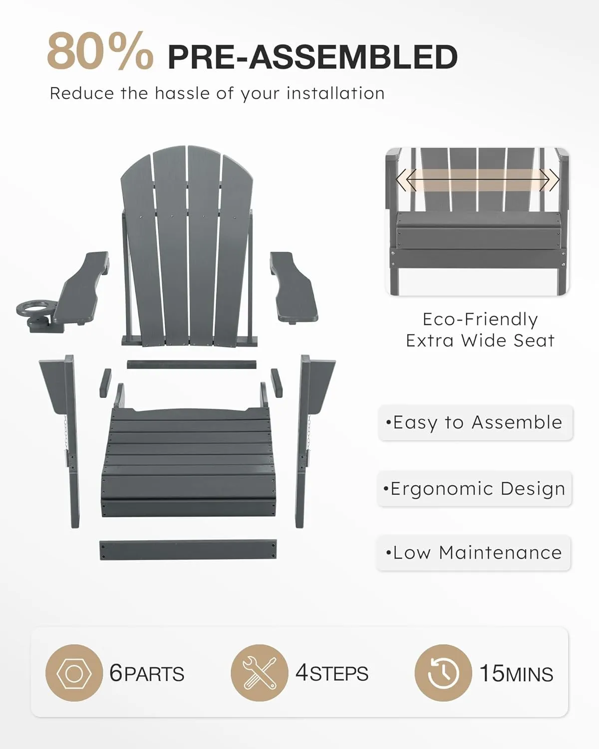 Folding Adirondack Chair Wood Texture, Patio Chairs Weather Resistant, Outdoor Chair, Lawn Chair with Cup Holder, Fire Pit Chair for Deck, Outdoor, Porch, Backyard, Garden (Grey)