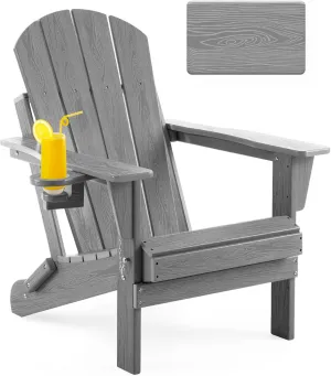 Folding Adirondack Chair Wood Texture, Patio Chairs Weather Resistant, Outdoor Chair, Lawn Chair with Cup Holder, Fire Pit Chair for Deck, Outdoor, Porch, Backyard, Garden (Grey)