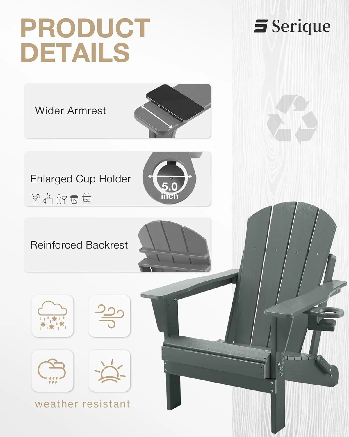 Folding Adirondack Chair Wood Texture, Patio Chairs Weather Resistant, Outdoor Chair, Lawn Chair with Cup Holder, Fire Pit Chair for Deck, Outdoor, Porch, Backyard, Garden (Grey)