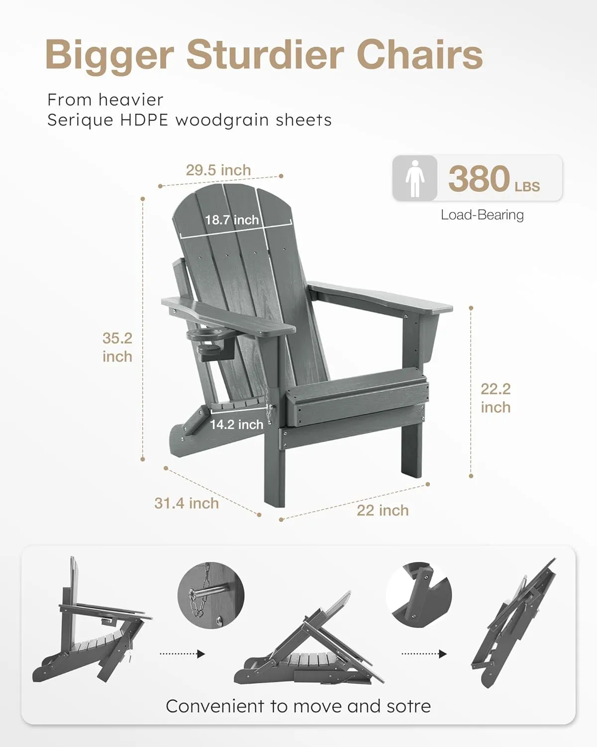 Folding Adirondack Chair Wood Texture, Patio Chairs Weather Resistant, Outdoor Chair, Lawn Chair with Cup Holder, Fire Pit Chair for Deck, Outdoor, Porch, Backyard, Garden (Grey)