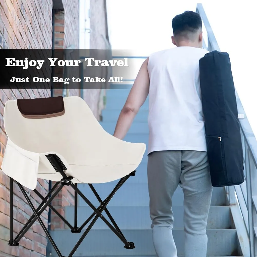 Folding Chairs Heavy Duty Support 330 lbs Moon Chair with Carry Bag, Outdoor Quad Lumbar Back Padded with Side Pockets, Built Durable and Reliable with Compact Foldable Steel Frame