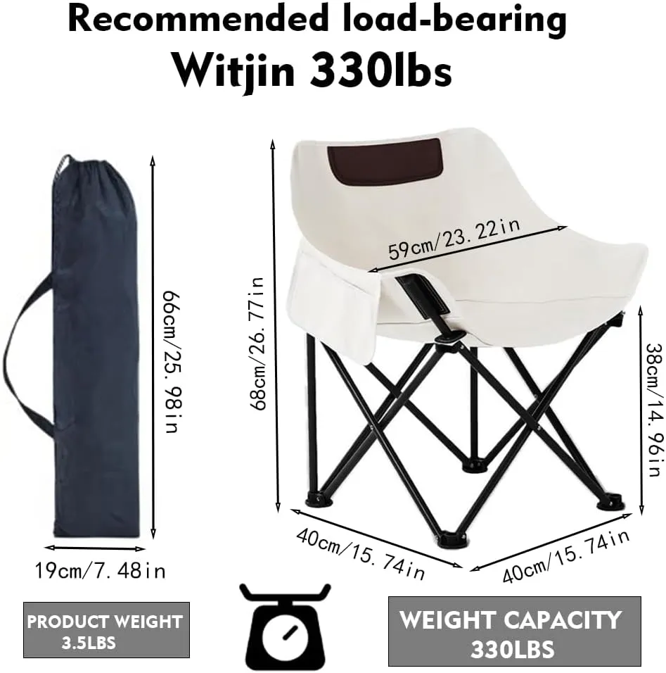 Folding Chairs Heavy Duty Support 330 lbs Moon Chair with Carry Bag, Outdoor Quad Lumbar Back Padded with Side Pockets, Built Durable and Reliable with Compact Foldable Steel Frame