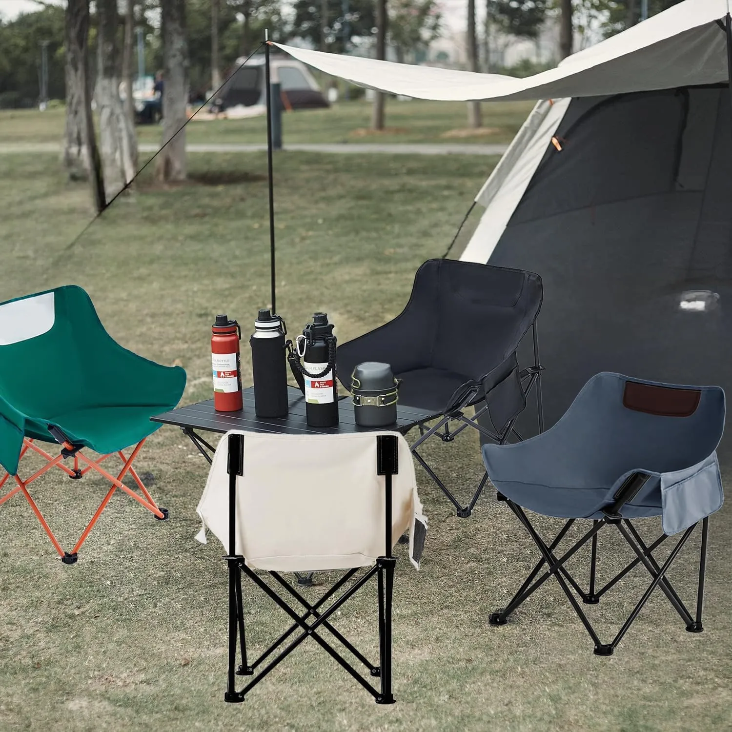 Folding Chairs Heavy Duty Support 330 lbs Moon Chair with Carry Bag, Outdoor Quad Lumbar Back Padded with Side Pockets, Built Durable and Reliable with Compact Foldable Steel Frame