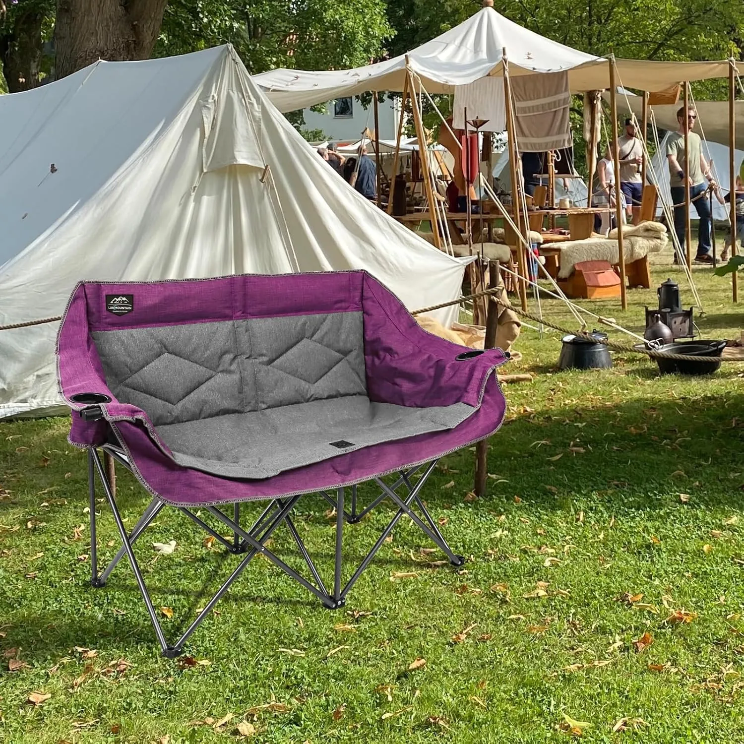 Folding Loveseat Camping Chair,Portable Double Chair w/Cup Holder,Wine Glass Holder,Carry Bag Heavy Duty Lawn Chair for 2 Adults,Perfect for Camp,Hiking,Picnics and Beach Trips,Purple