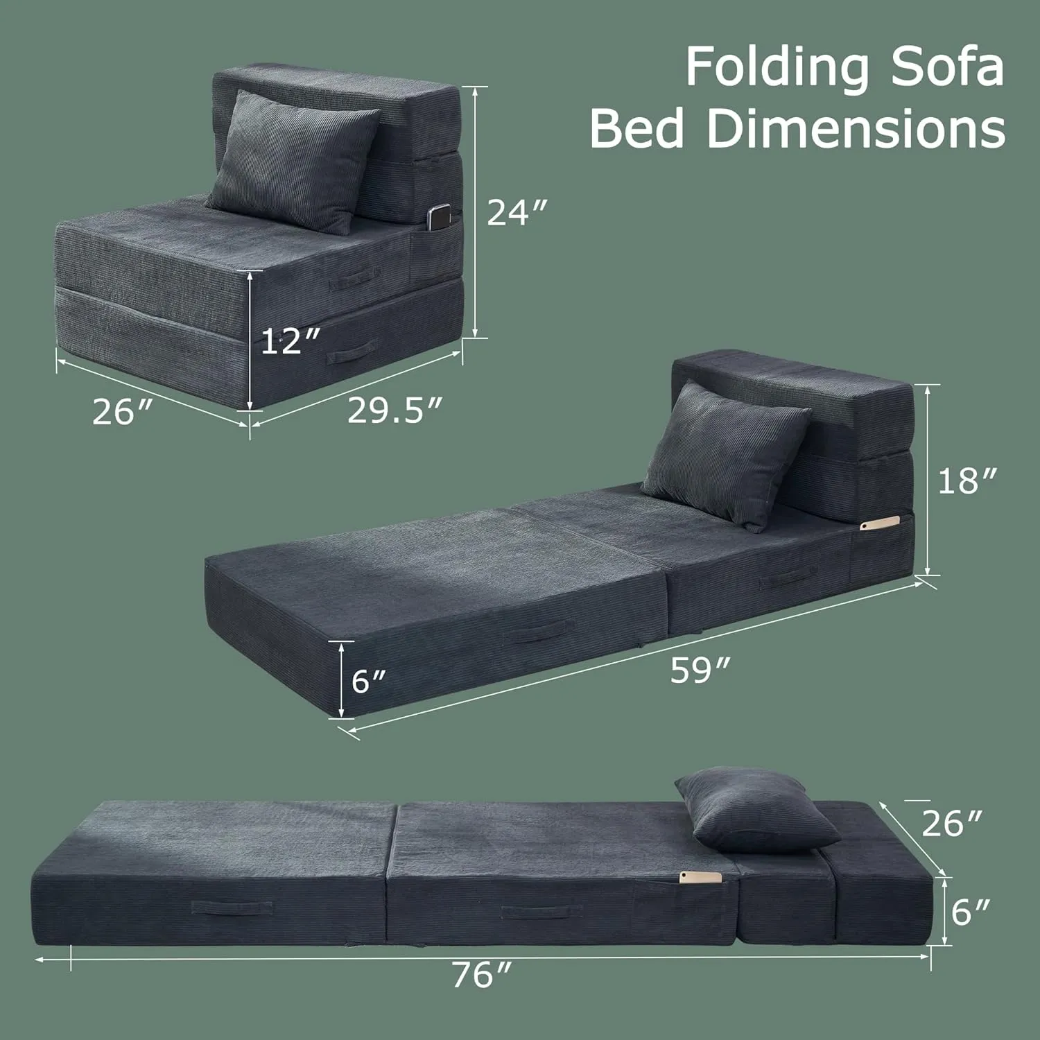 Folding Sofa Bed, 4 in 1 Convertible Sleeper Floor Chair with Pillow, Single Memory Foam Fold Out Chair Bed, Modern Floor Futon Sofa Couch Mattress for Living Room/Guest/Apartment, Dark Grey