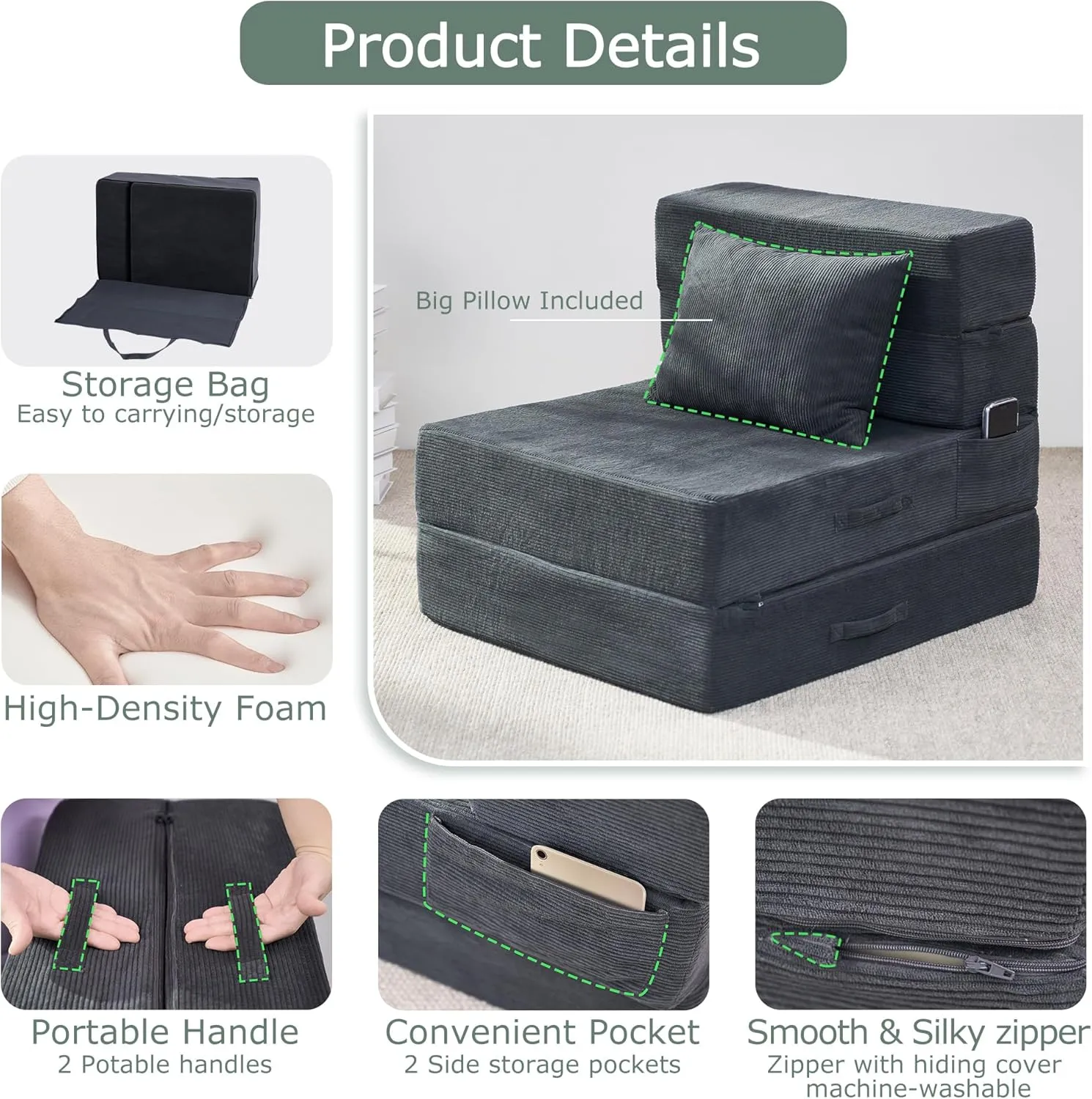 Folding Sofa Bed, 4 in 1 Convertible Sleeper Floor Chair with Pillow, Single Memory Foam Fold Out Chair Bed, Modern Floor Futon Sofa Couch Mattress for Living Room/Guest/Apartment, Dark Grey