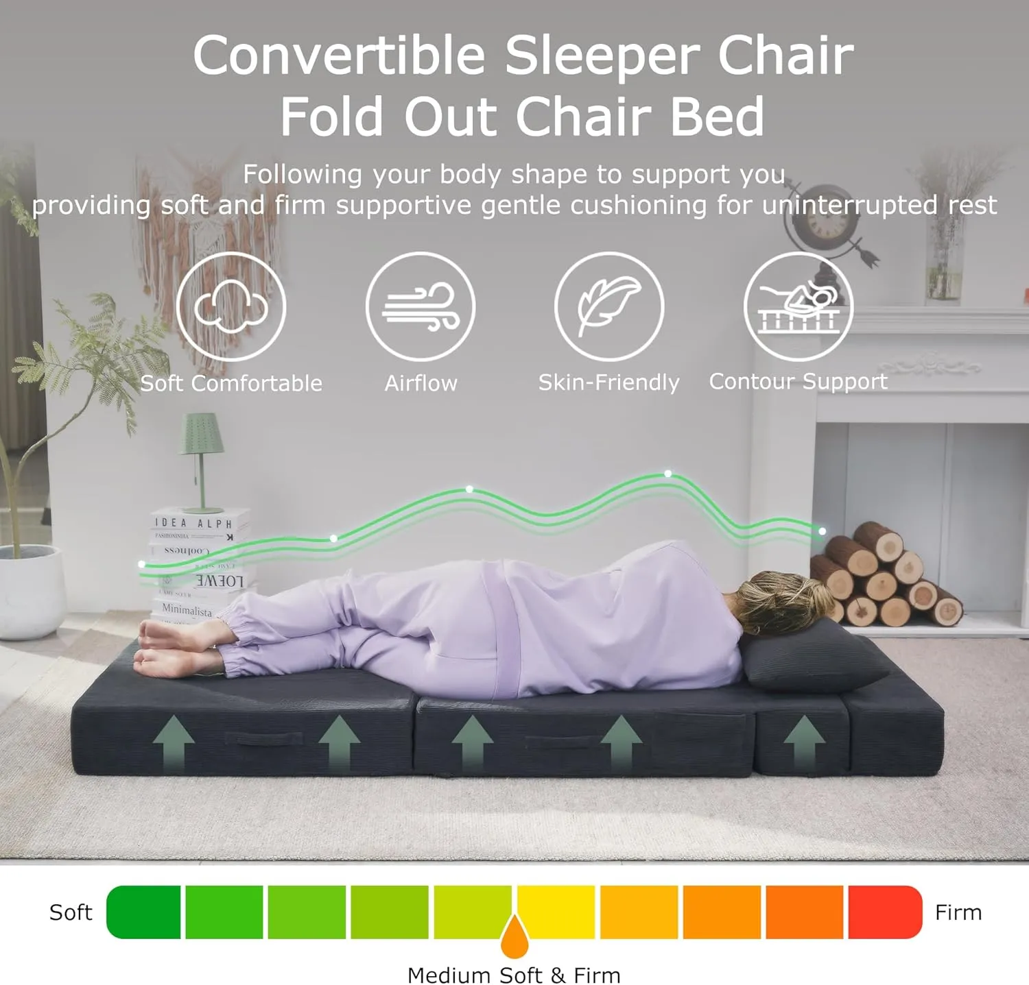 Folding Sofa Bed, 4 in 1 Convertible Sleeper Floor Chair with Pillow, Single Memory Foam Fold Out Chair Bed, Modern Floor Futon Sofa Couch Mattress for Living Room/Guest/Apartment, Dark Grey