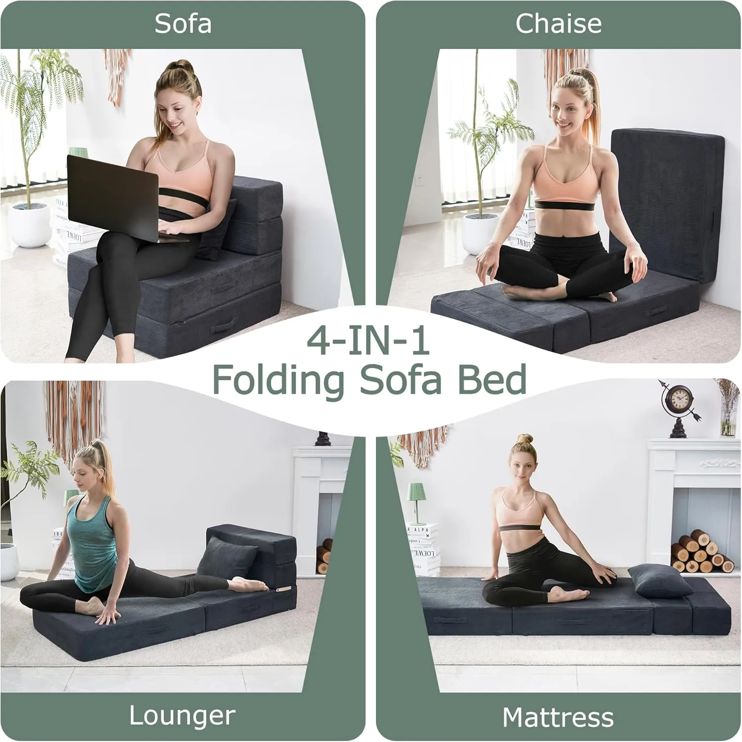 Folding Sofa Bed, 4 in 1 Convertible Sleeper Floor Chair with Pillow, Single Memory Foam Fold Out Chair Bed, Modern Floor Futon Sofa Couch Mattress for Living Room/Guest/Apartment, Dark Grey