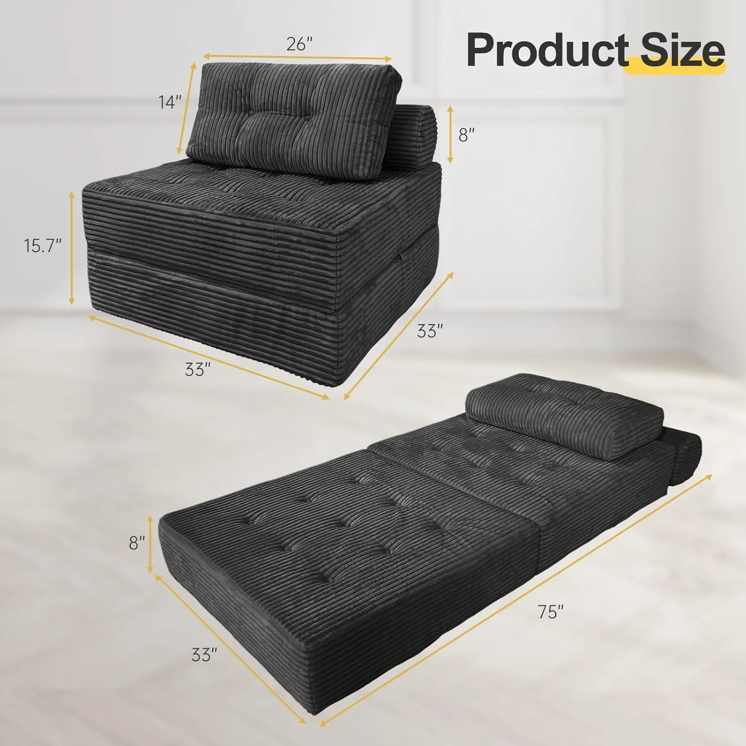 Folding Sofa Bed, Velvet Convertible Sleeper Chair with Pillow, Fold Out Chair Bed with Memory Foam, Futon Sleeper Chair Washable Cover for Dorm/Apartment, Dark Grey Single