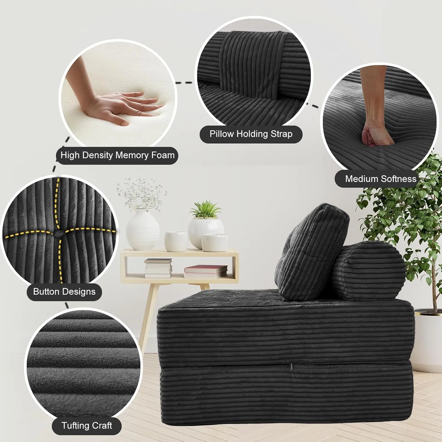 Folding Sofa Bed, Velvet Convertible Sleeper Chair with Pillow, Fold Out Chair Bed with Memory Foam, Futon Sleeper Chair Washable Cover for Dorm/Apartment, Dark Grey Single