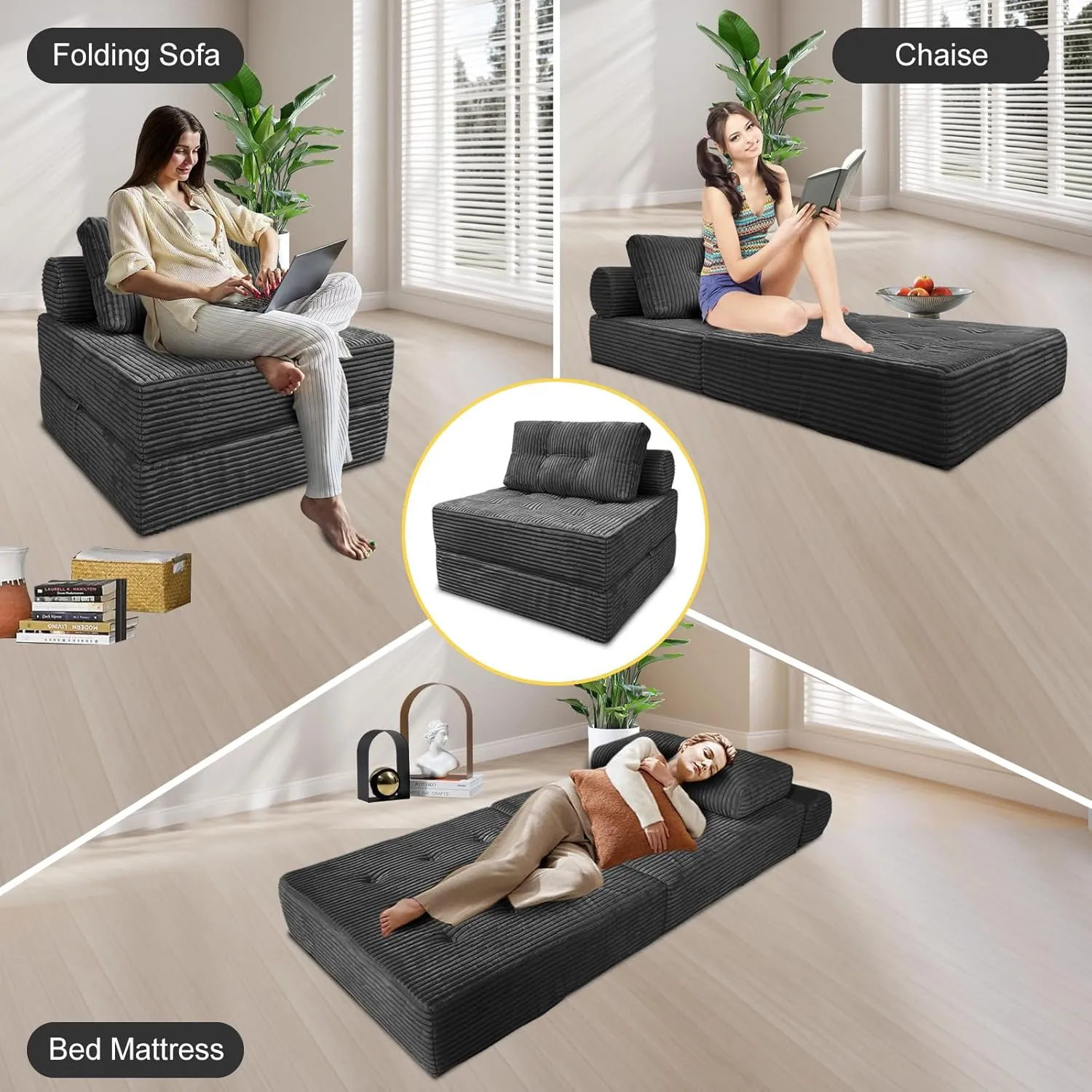 Folding Sofa Bed, Velvet Convertible Sleeper Chair with Pillow, Fold Out Chair Bed with Memory Foam, Futon Sleeper Chair Washable Cover for Dorm/Apartment, Dark Grey Single