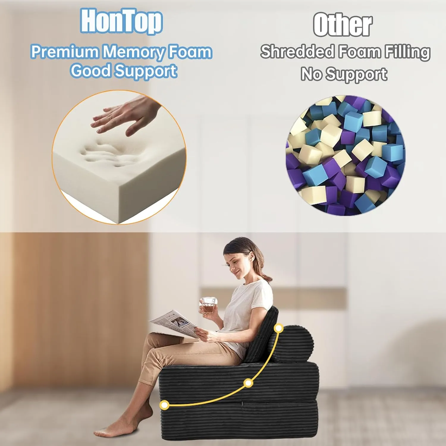 Folding Sofa Bed, Velvet Convertible Sleeper Chair with Pillow, Fold Out Chair Bed with Memory Foam, Futon Sleeper Chair Washable Cover for Dorm/Apartment, Dark Grey Single