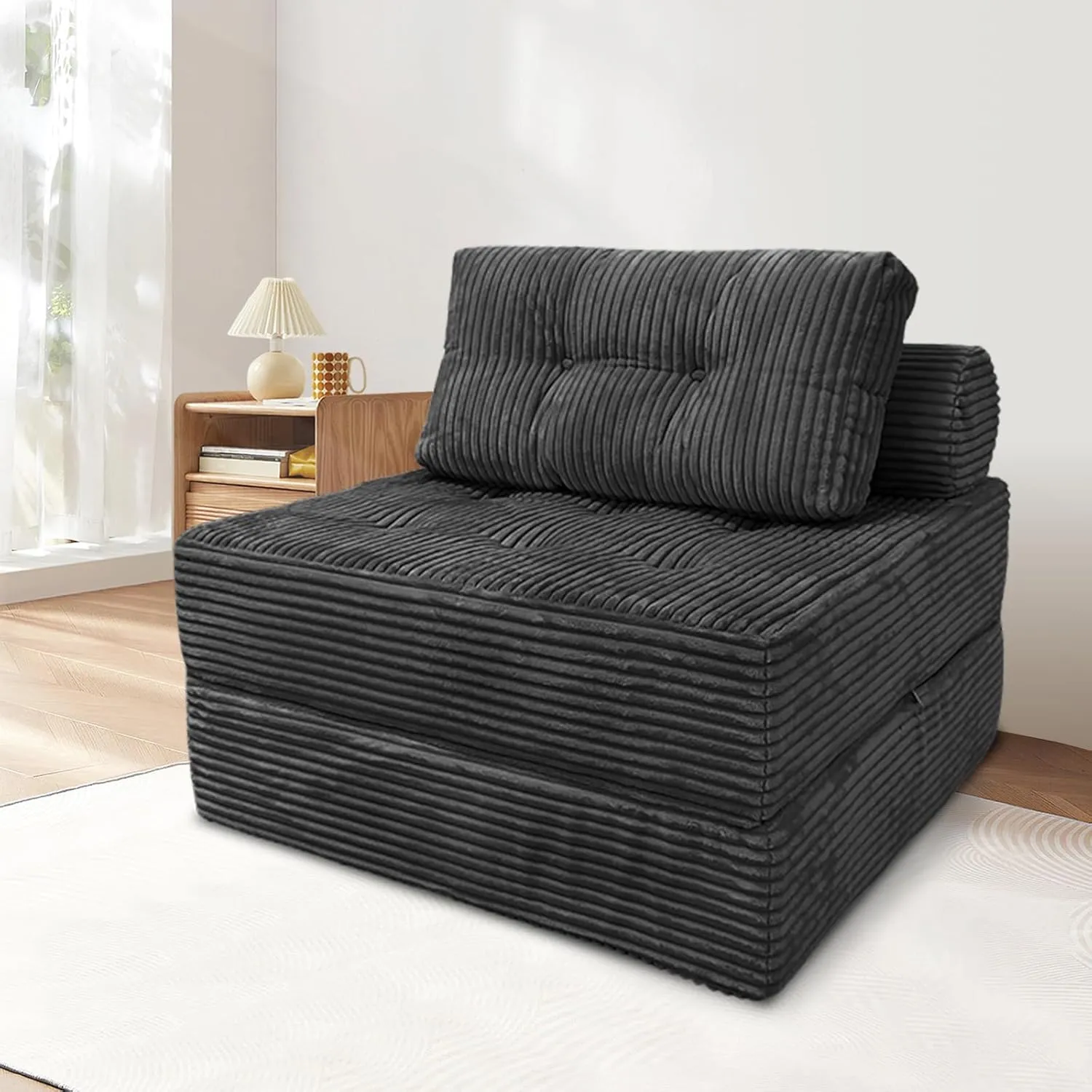 Folding Sofa Bed, Velvet Convertible Sleeper Chair with Pillow, Fold Out Chair Bed with Memory Foam, Futon Sleeper Chair Washable Cover for Dorm/Apartment, Dark Grey Single