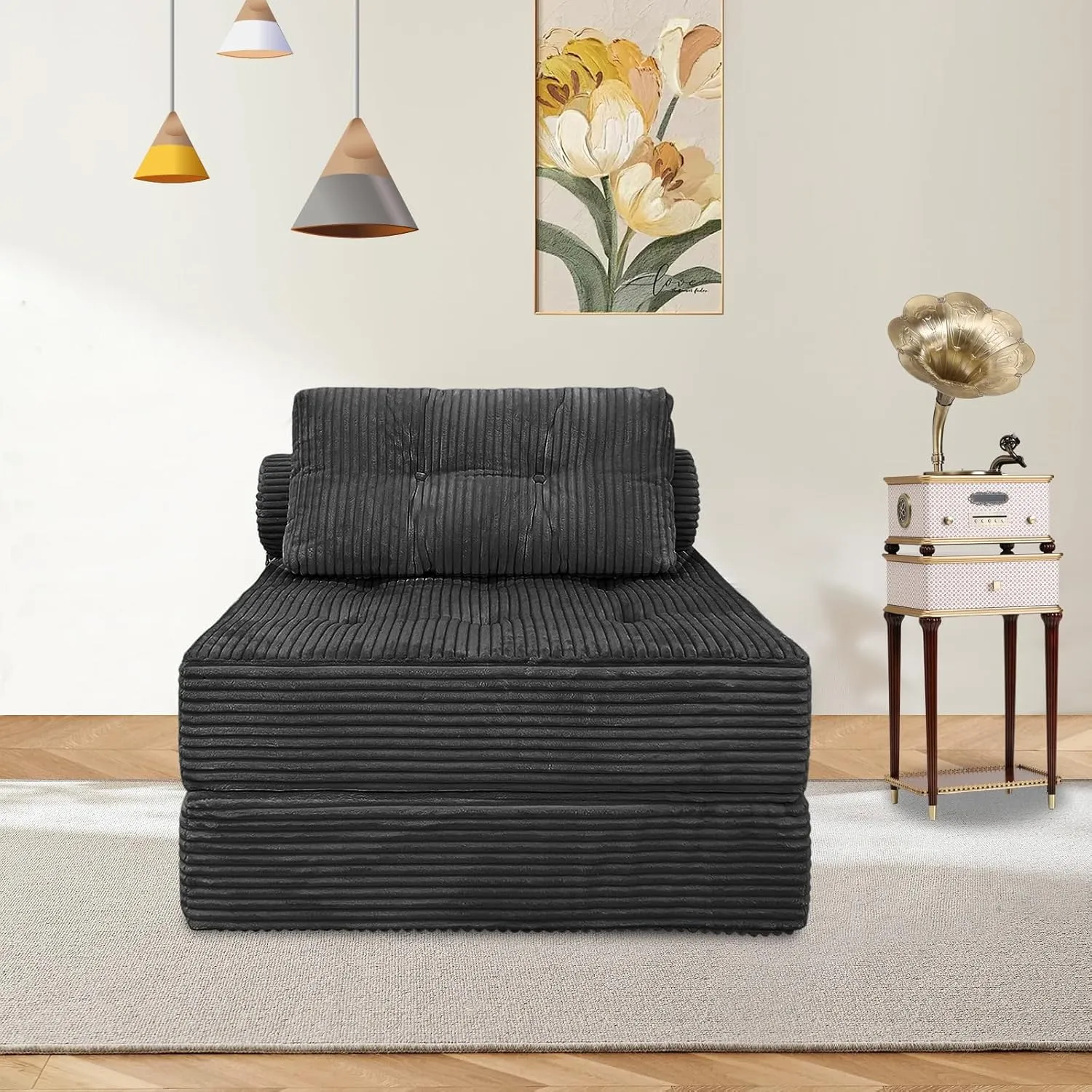 Folding Sofa Bed, Velvet Convertible Sleeper Chair with Pillow, Fold Out Chair Bed with Memory Foam, Futon Sleeper Chair Washable Cover for Dorm/Apartment, Dark Grey Single
