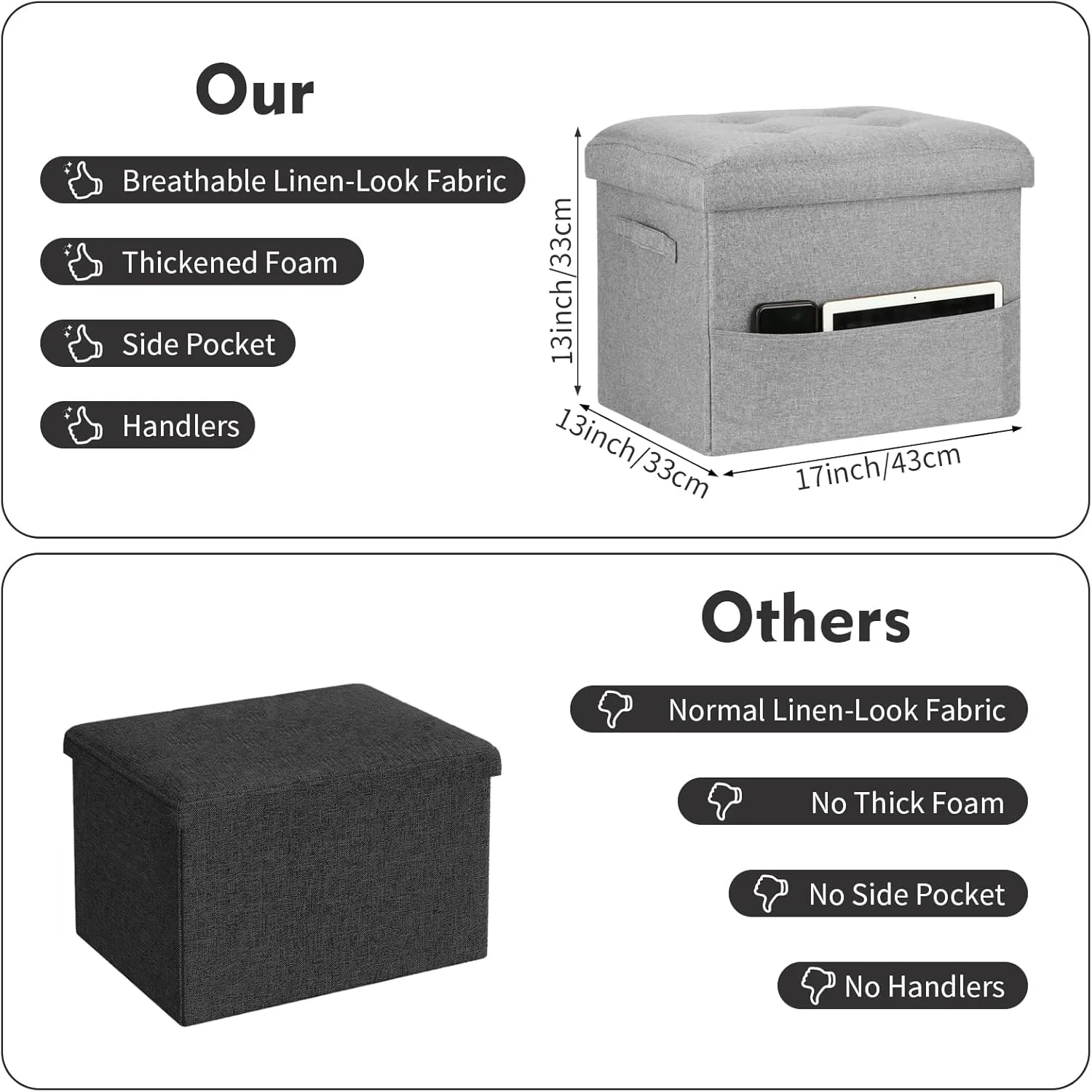 Folding Storage Ottoman, Linen Footstool Bench with Thicker Foam Padded Seat. Ottoman Foot Rest for Living Room, Bedroom, Home Office, Coffee Table. 350lbs Load Capacity, 17x13x13in, Light Gray