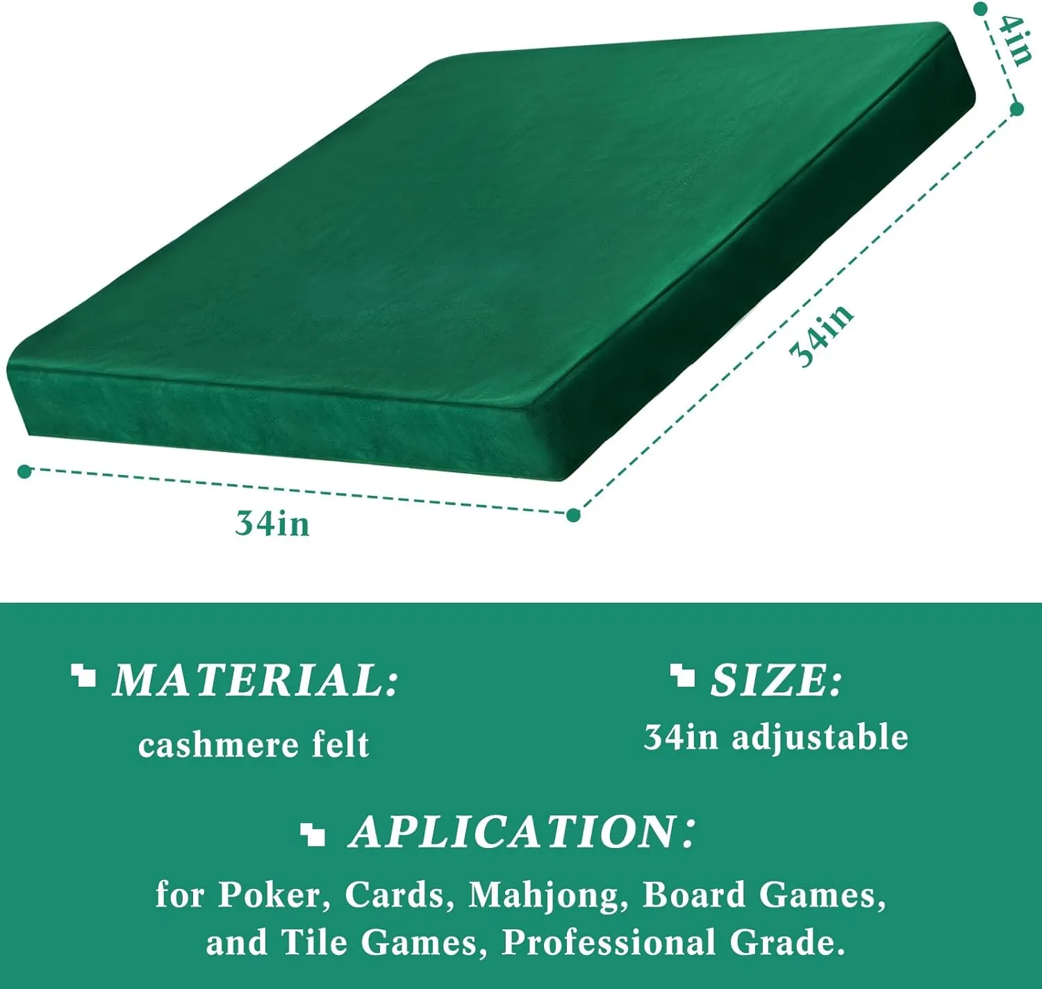 Folding Tablecloth - Green Felt Table Cover for Card Games, Poker, Mahjong, Jigsaw Puzzles & Board Games - 34 x 34 x 4 Inch