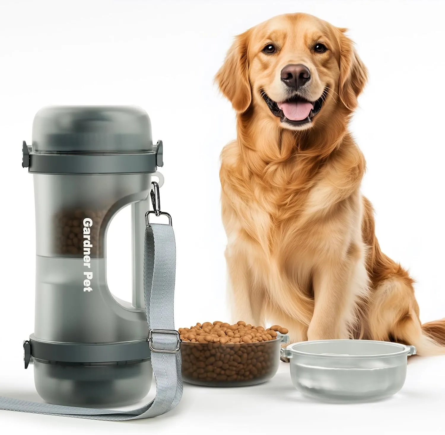 Gardner Pet Portable Dog Water Bottle&Food Container (49.6oz) – Leakproof Travel Water Bottle for Medium/Large Dogs (30  lbs) Hiking, Camping, Beach – 2 Collapsible Bowls & Shoulder Strap (Grey)