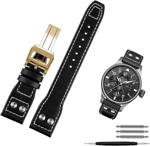 Genuine Cowhide Leather Rivets Watchband For IWC Big Pilot Spitfire Men Watch Strap With Folding Buckle 21mm 22mm