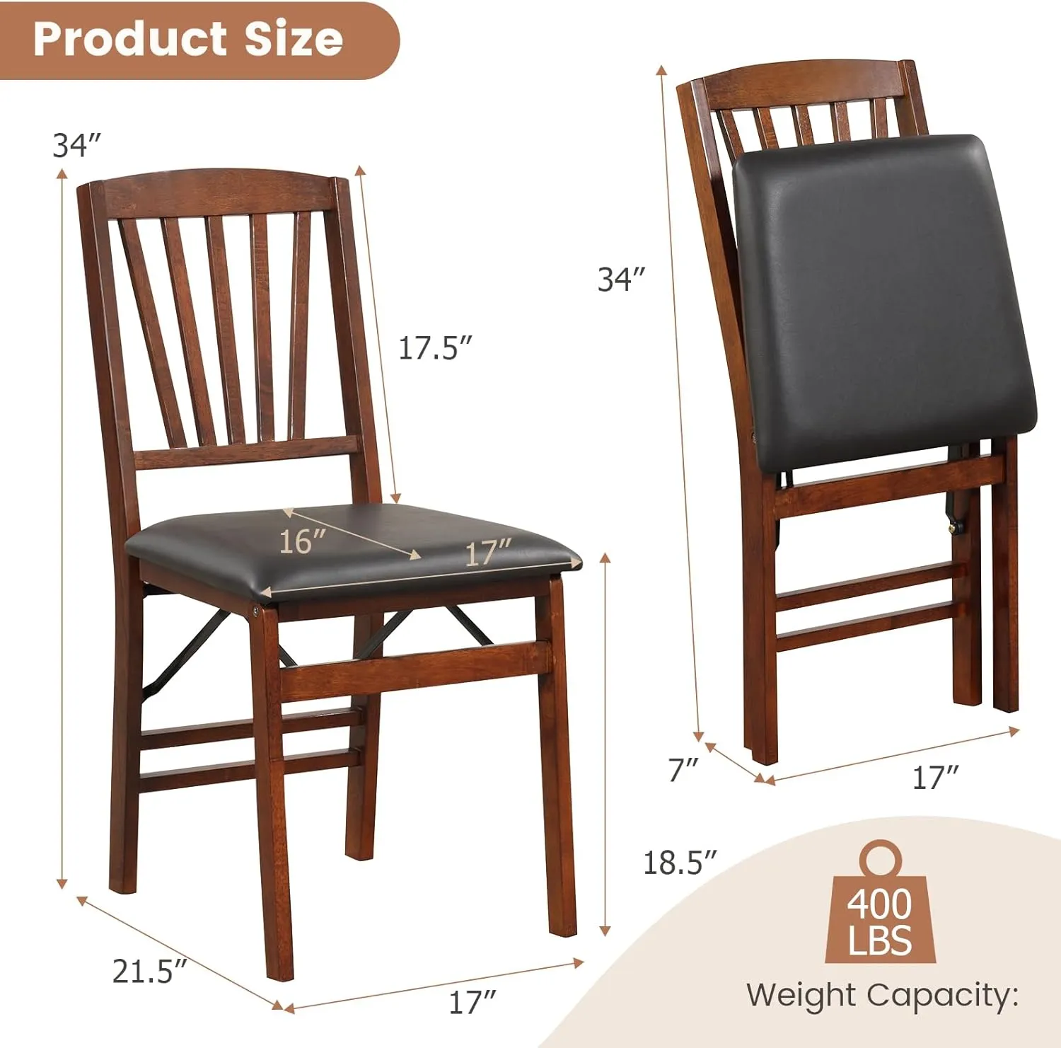 Giantex Folding Dining Chairs Set of 2, Foldable Wood Kitchen Chairs with Padded Seat, Solid Wood Frame, Max Load 400 Lbs, No Assembly Easy to Store Wooden Dining Chairs for Apartment, Small Space