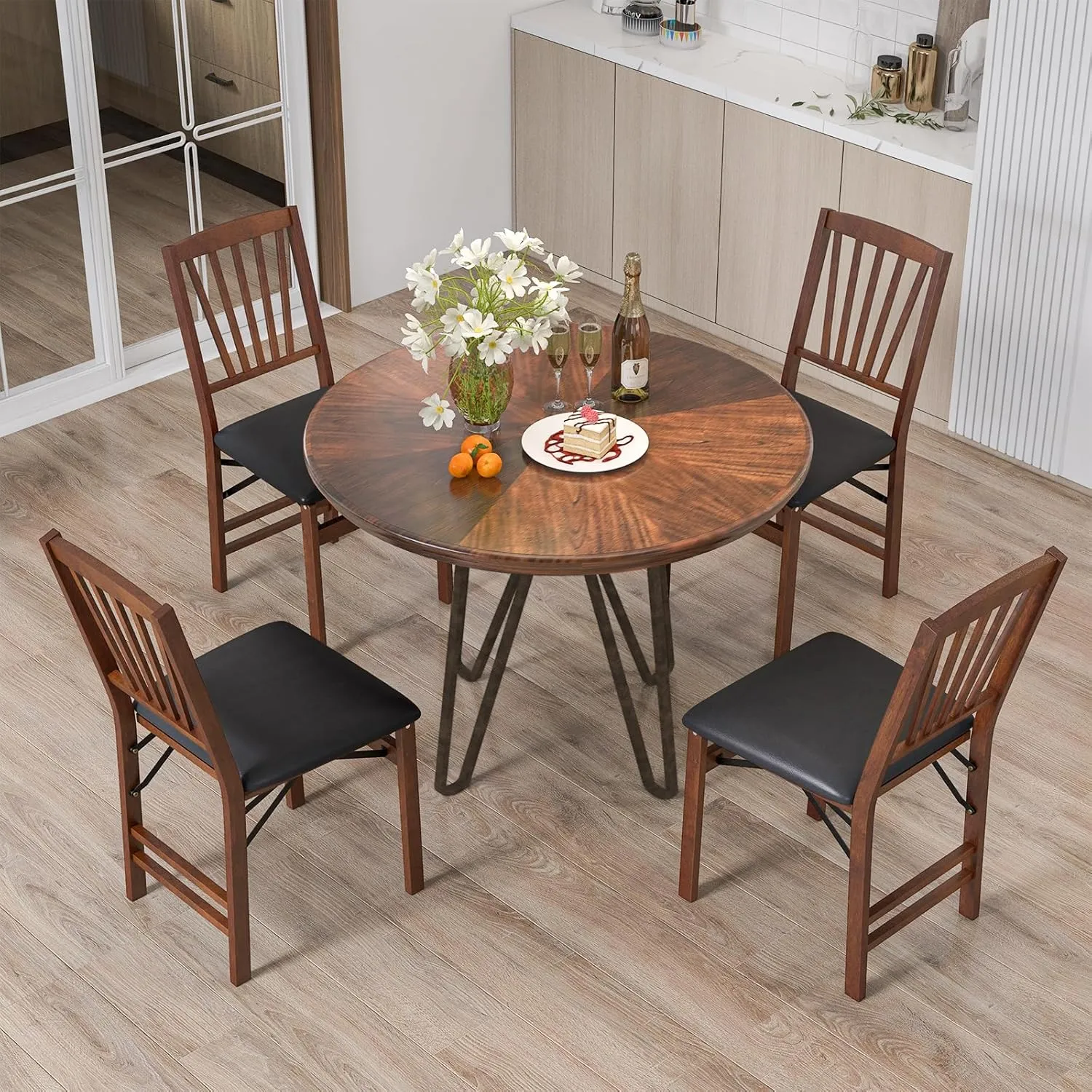 Giantex Folding Dining Chairs Set of 2, Foldable Wood Kitchen Chairs with Padded Seat, Solid Wood Frame, Max Load 400 Lbs, No Assembly Easy to Store Wooden Dining Chairs for Apartment, Small Space