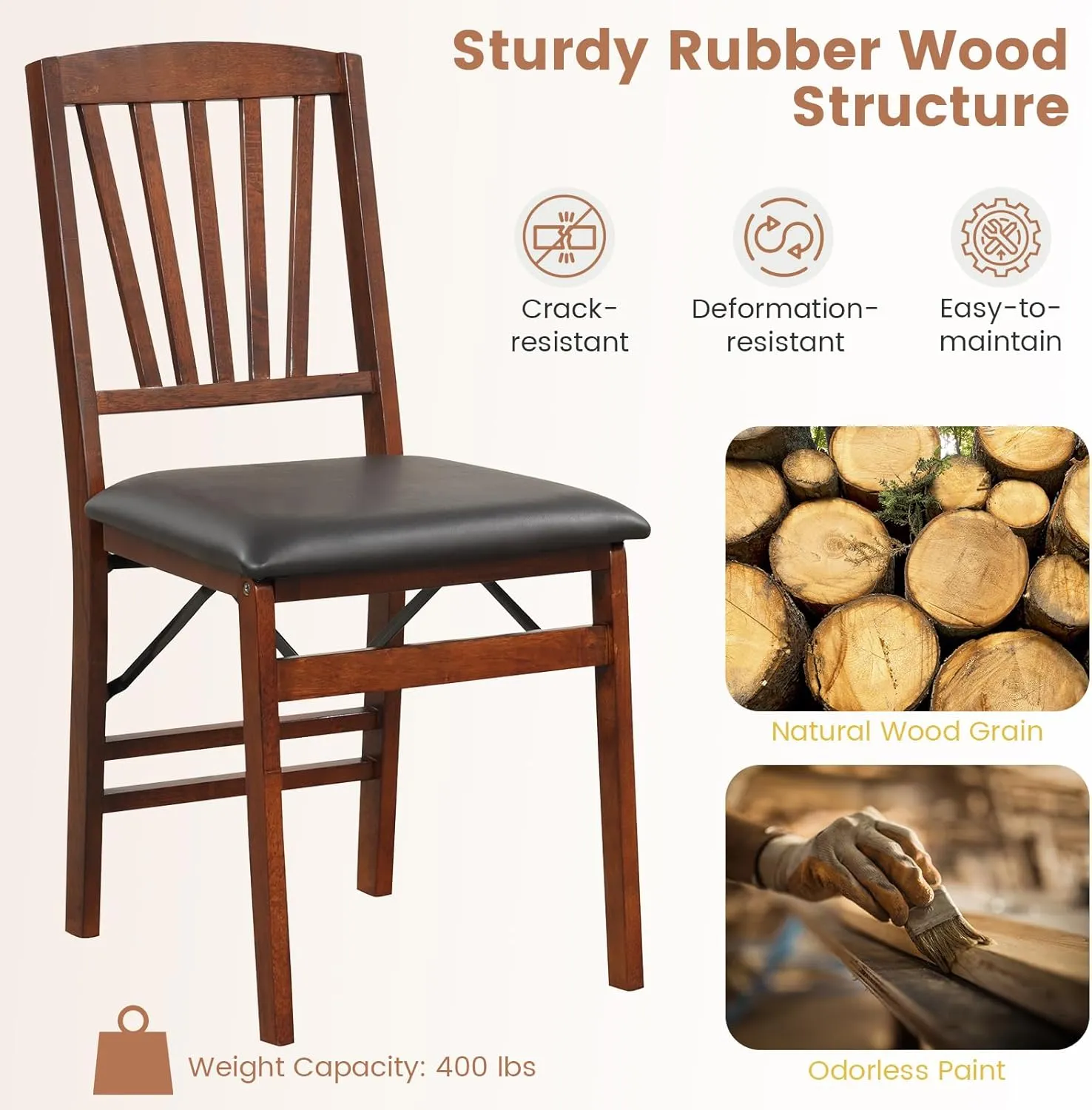 Giantex Folding Dining Chairs Set of 2, Foldable Wood Kitchen Chairs with Padded Seat, Solid Wood Frame, Max Load 400 Lbs, No Assembly Easy to Store Wooden Dining Chairs for Apartment, Small Space