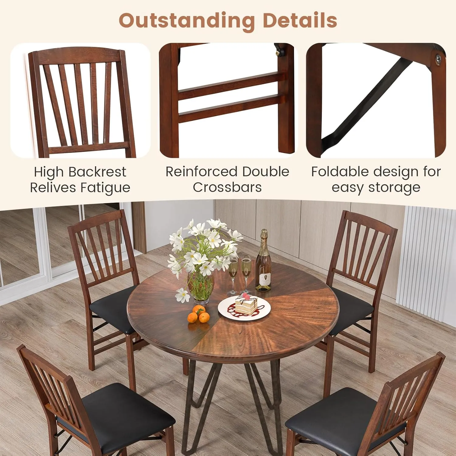 Giantex Folding Dining Chairs Set of 2, Foldable Wood Kitchen Chairs with Padded Seat, Solid Wood Frame, Max Load 400 Lbs, No Assembly Easy to Store Wooden Dining Chairs for Apartment, Small Space