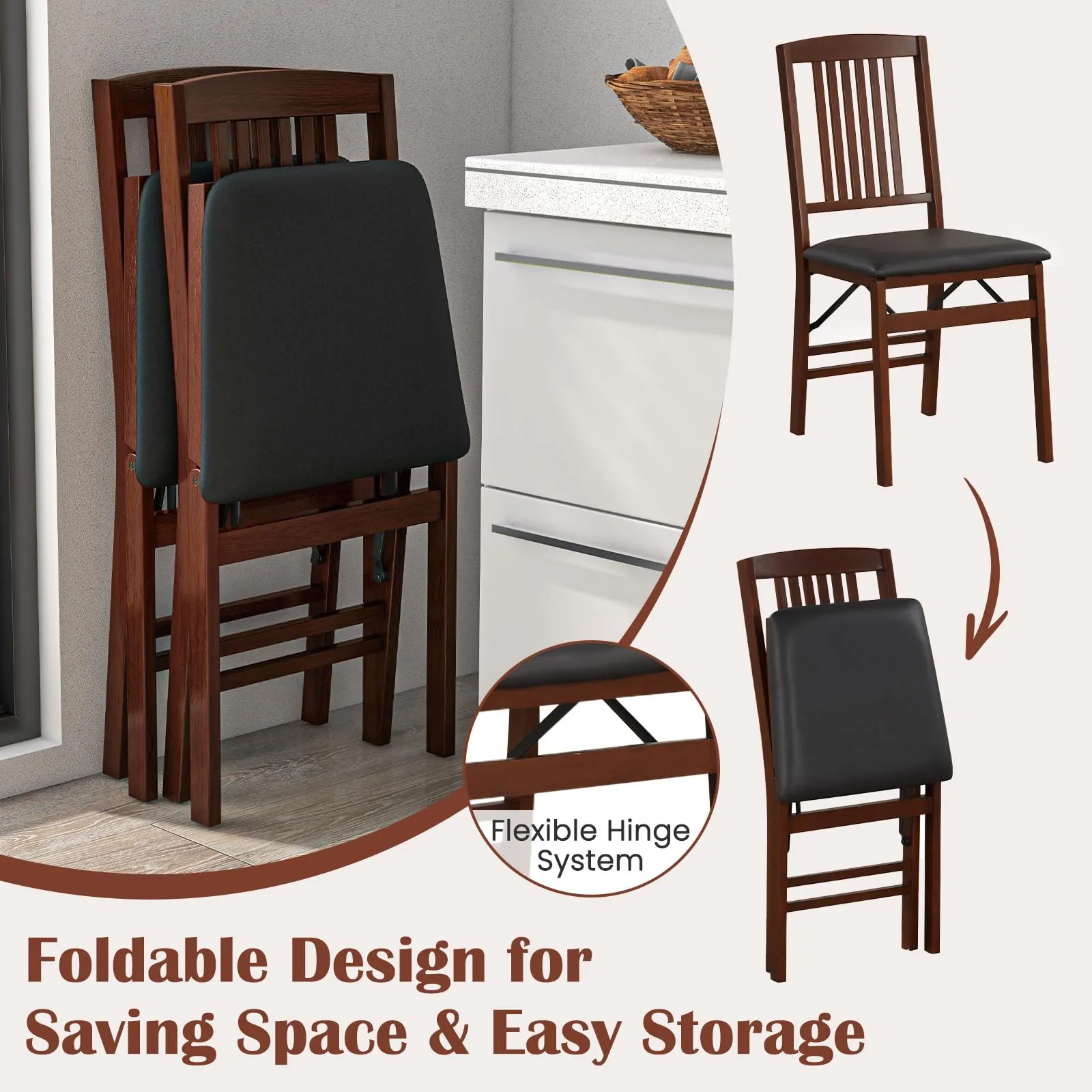 Giantex Folding Dining Chairs Set of 4, Solid Wood Frame, Foldable Wood Kitchen Chairs with Padded Seat, Max Load 400 Lbs, No Assembly, Armless Side Chairs for Apartment Dining Room, Brown & Black