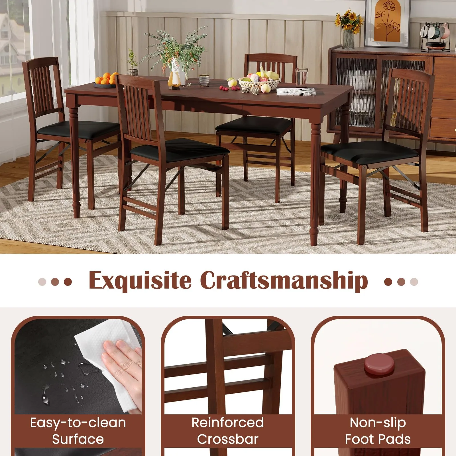 Giantex Folding Dining Chairs Set of 4, Solid Wood Frame, Foldable Wood Kitchen Chairs with Padded Seat, Max Load 400 Lbs, No Assembly, Armless Side Chairs for Apartment Dining Room, Brown & Black