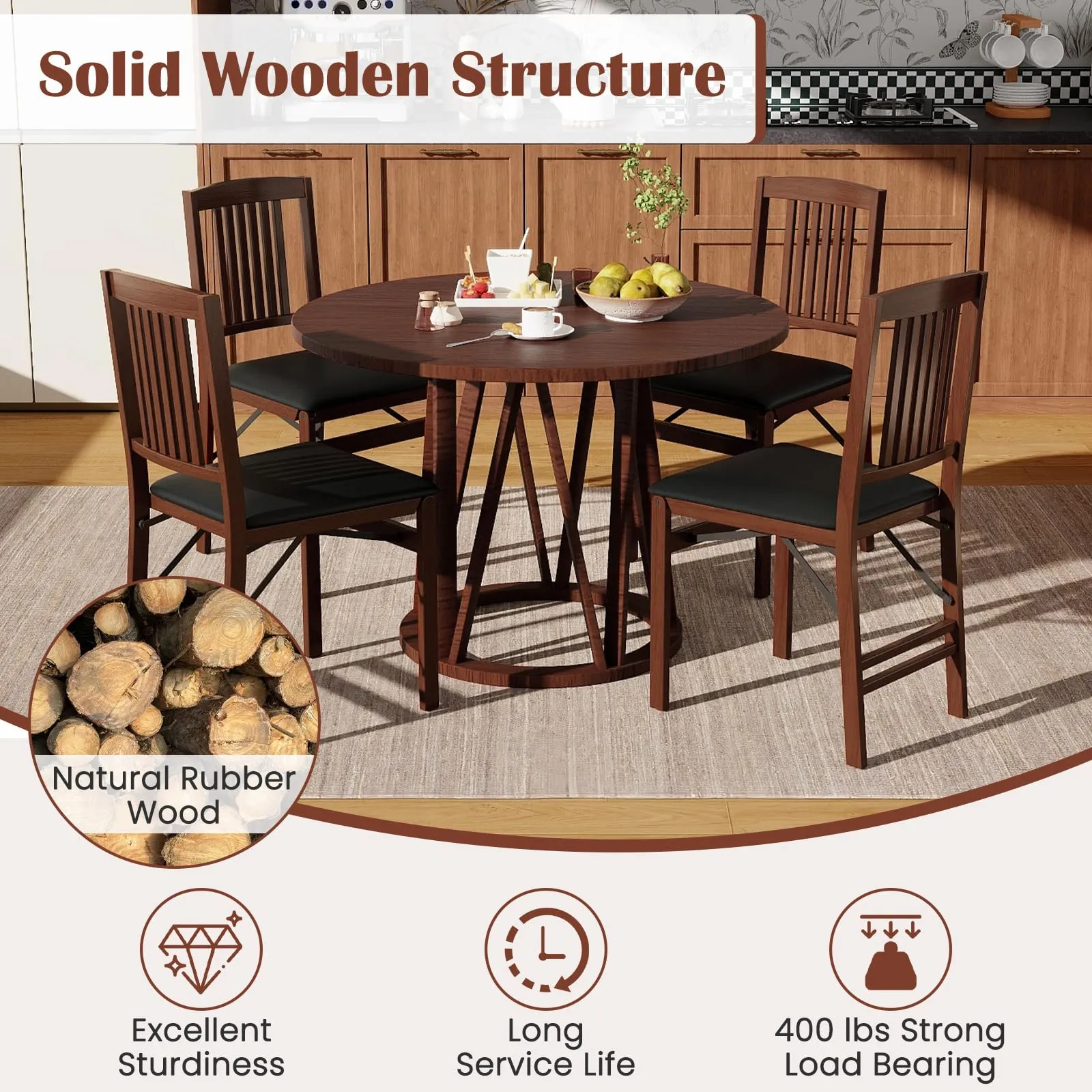 Giantex Folding Dining Chairs Set of 4, Solid Wood Frame, Foldable Wood Kitchen Chairs with Padded Seat, Max Load 400 Lbs, No Assembly, Armless Side Chairs for Apartment Dining Room, Brown & Black
