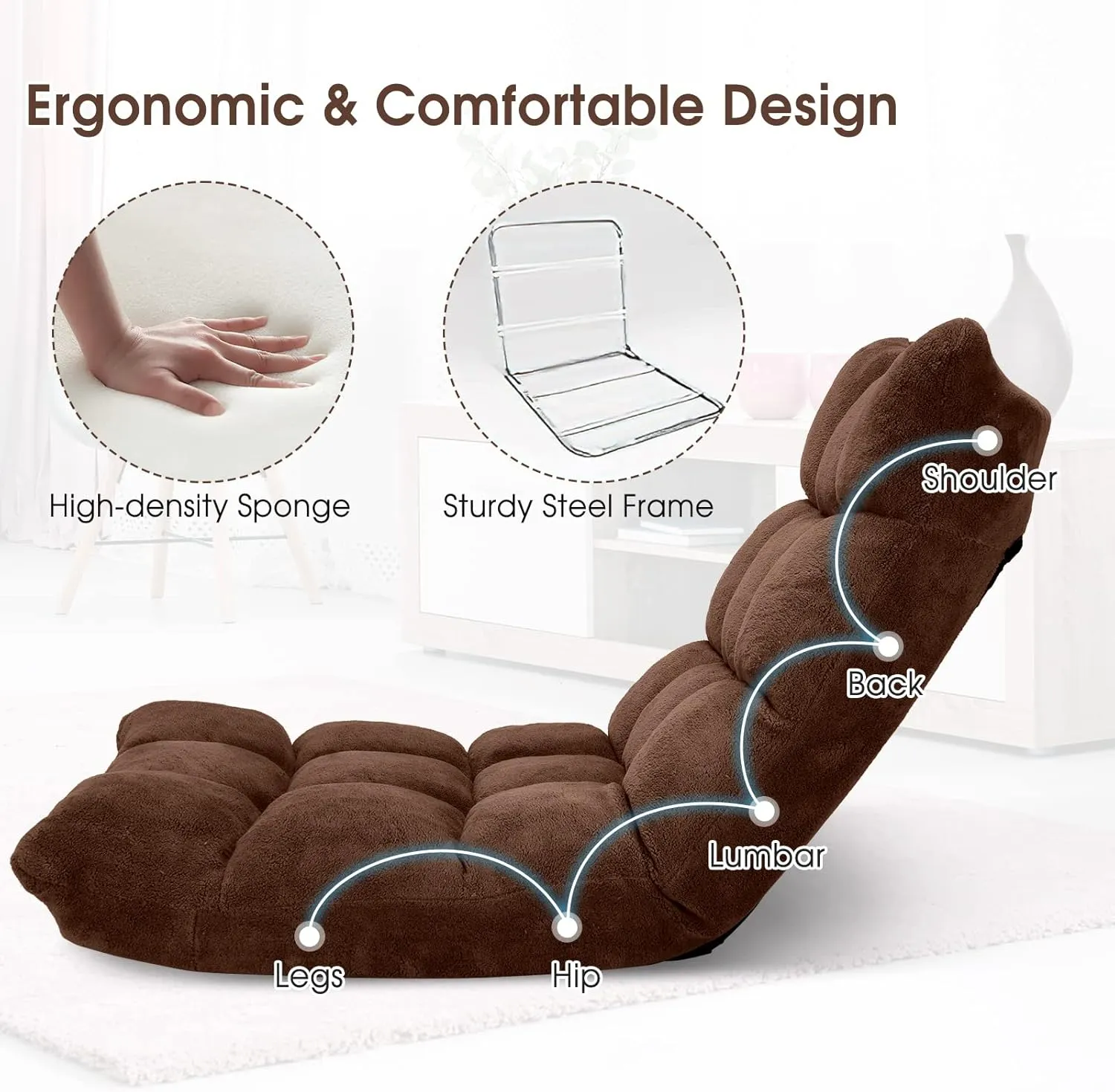 Giantex Folding Sofa Chair with 14 Adjustable Positions, Padded Sleeper Bed, Couch Recliner, Gaming Floor Chair for Adults (Brown)