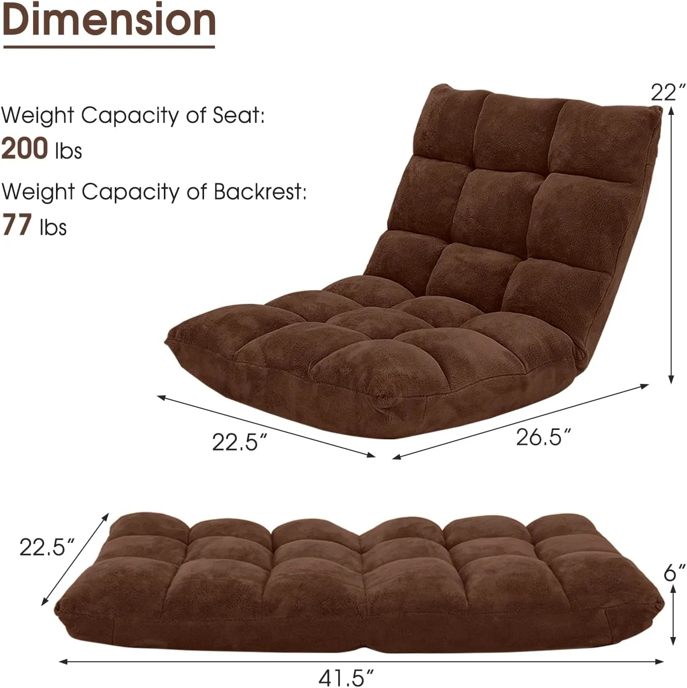Giantex Folding Sofa Chair with 14 Adjustable Positions, Padded Sleeper Bed, Couch Recliner, Gaming Floor Chair for Adults (Brown)