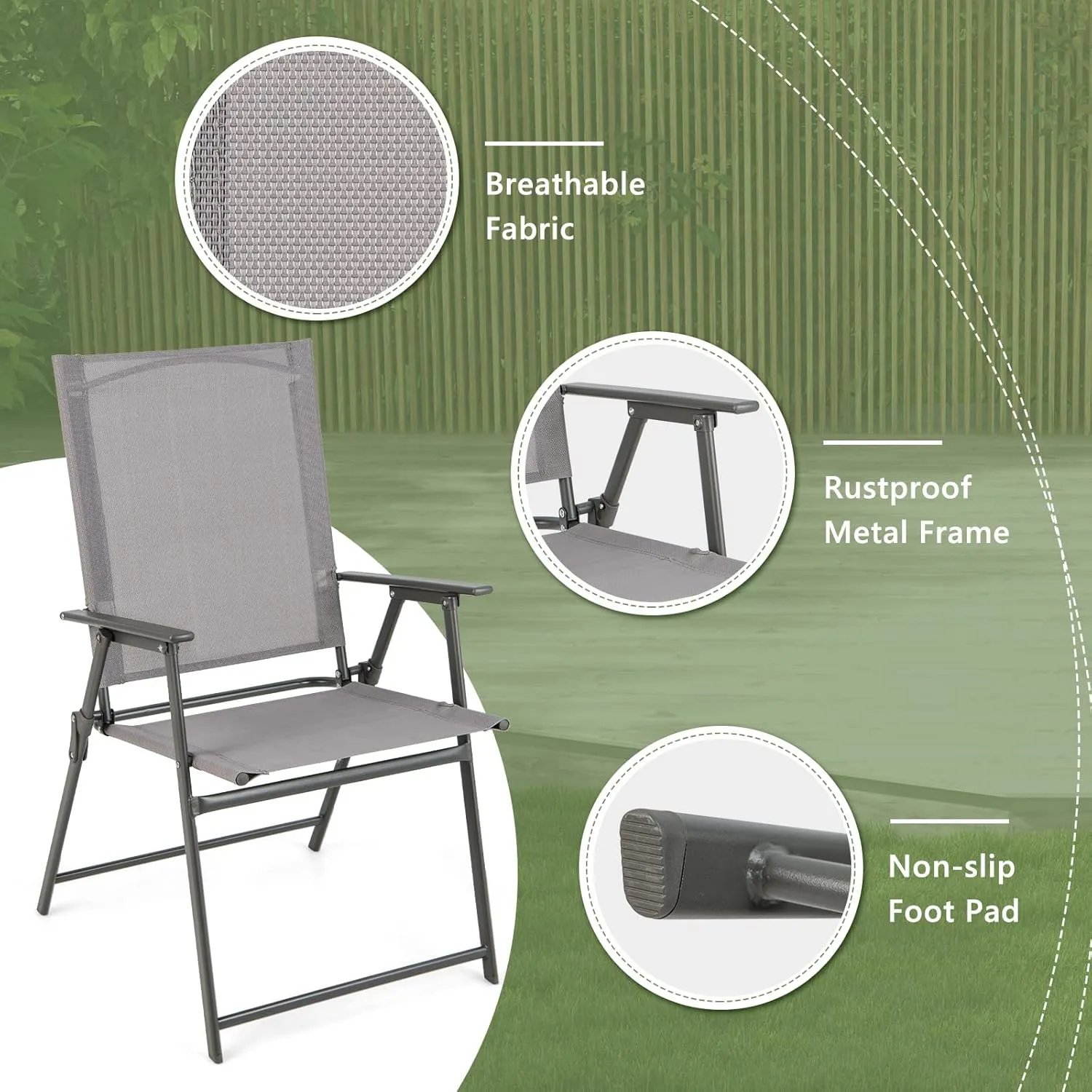 Giantex Patio Folding Chairs Set of 4, Outdoor Lawn Chairs with Rustproof Metal Frame, Portable Dining Chairs for Porch, Deck, Garden, Backyard, Camping, Gray